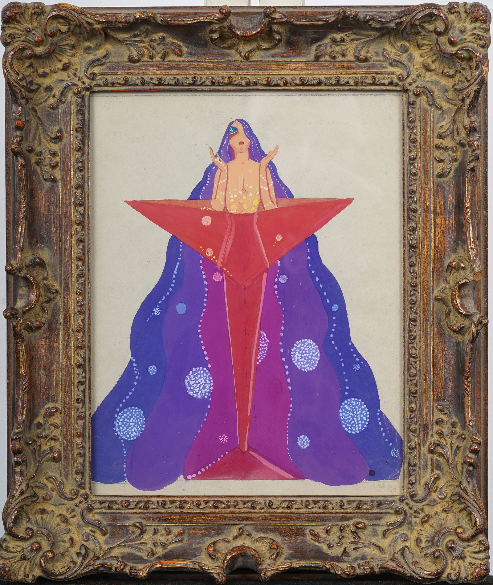 Signed "Ruth King" Vintage Art Deco Disco Champagne Mermaid Original Framed Gouache on Paper: Vintage American gouache painting. Signed. Framed. Measuring: 18 by 15 inches overall, and 14 by 11 painting alone. Please see all images for condition. Size is measured and written on the back of the