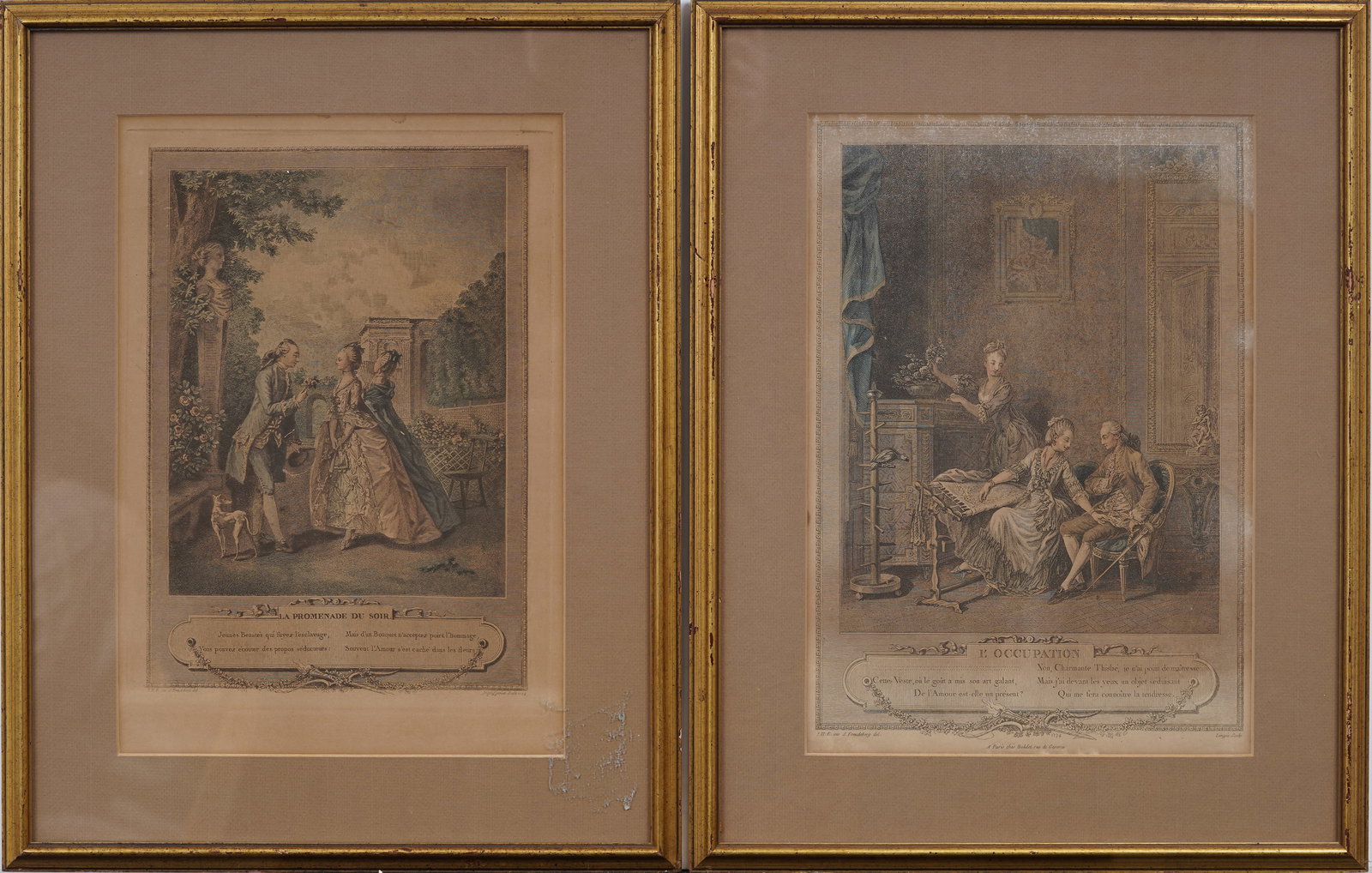 Pair of 19th Century French Color Engraving Etching of Flirty Aristocratic Culture Social Scenes (1 of 9)