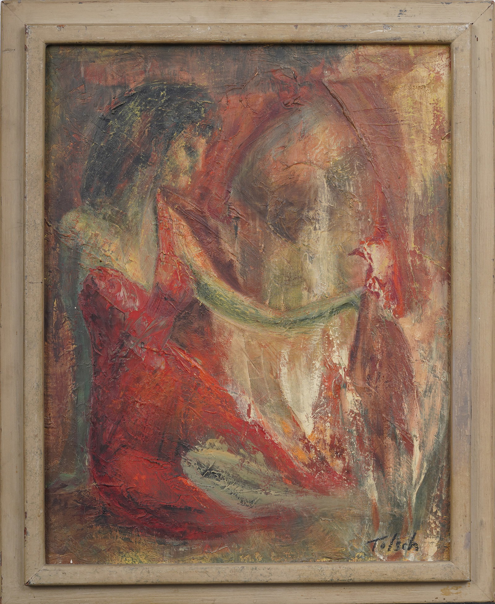 Vintage American Abstract Figurative Lady in Red in Hell Framed Original Signed Oil Painting: Vintage American oil painting. Signed. Framed. Measuring: 21 by 17 inches overall, and 18 by 14 painting alone. Please see all images for condition. Size is measured and written on the back of the pai