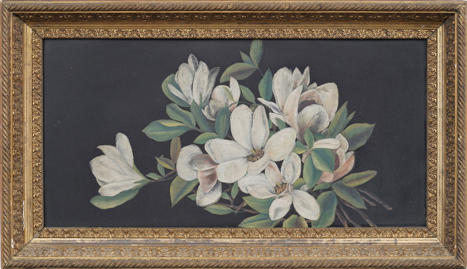 Antique American Magnolia Bouquet Original Framed Floral Arrangement Oil Painting on Wood Panel: Antique American oil painting on wood board. Framed. Measuring: 15 by 26 inches overall, and 11 by 22 painting alone. Please see all images for condition. Size is measured and written on the back of t