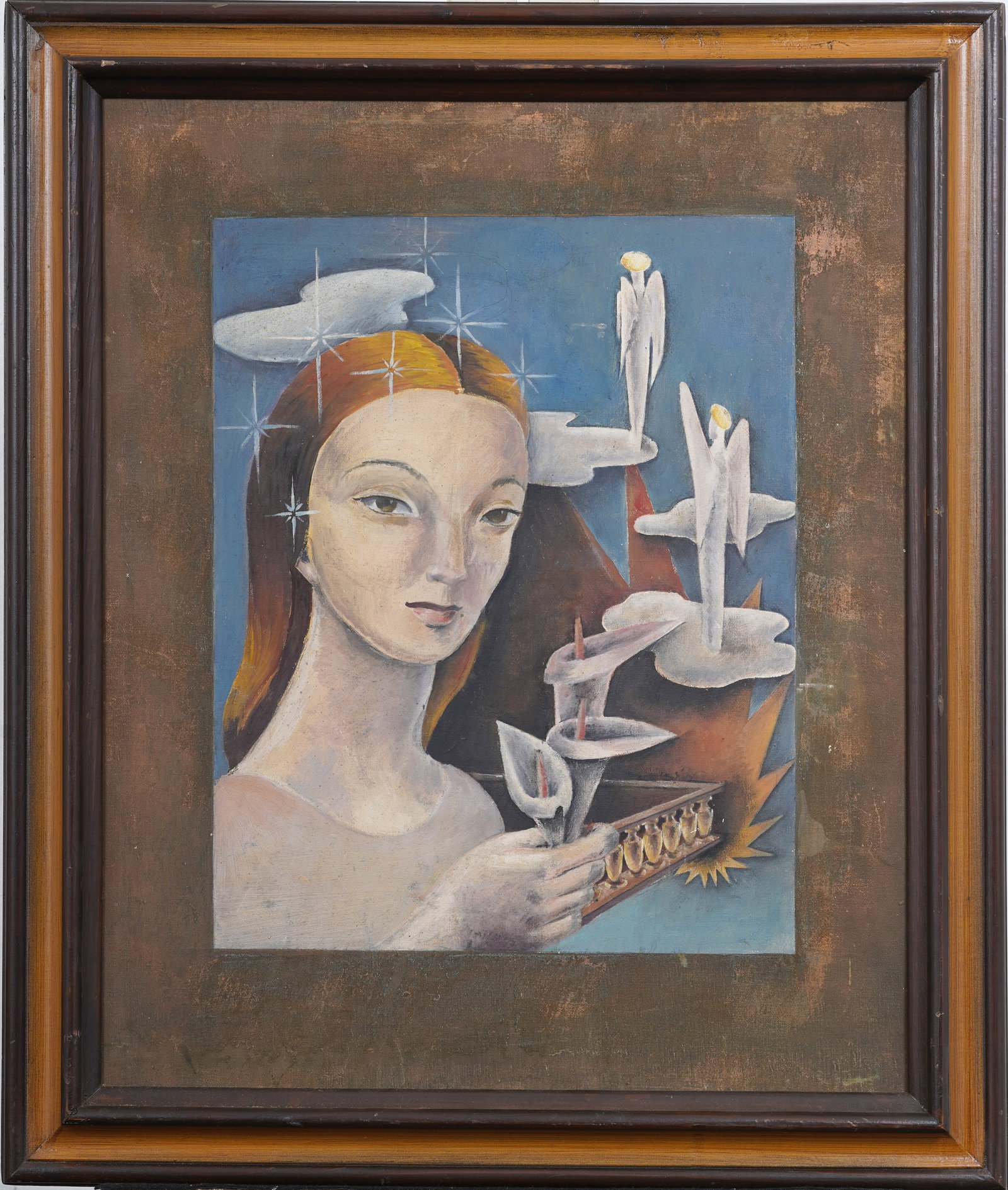 Vintage 20th c. American Deco Surreal Portrait of Redhead with Lilies and Angels Framed Oil Painting (1 of 6)