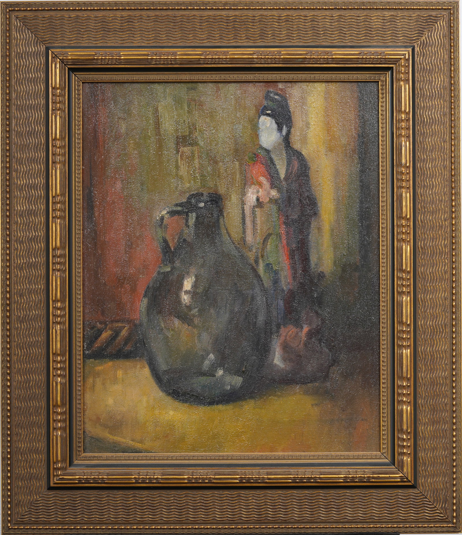 Vintage American Impressionist Asian Sculptures Still Life Interior Framed Oil Painting: Vintage American impressionist oil painting. Framed. Measuring: 28 by 24 inches overall, and 20 by 16 painting alone. Please see all images for condition. Size is measured and written on the back of t