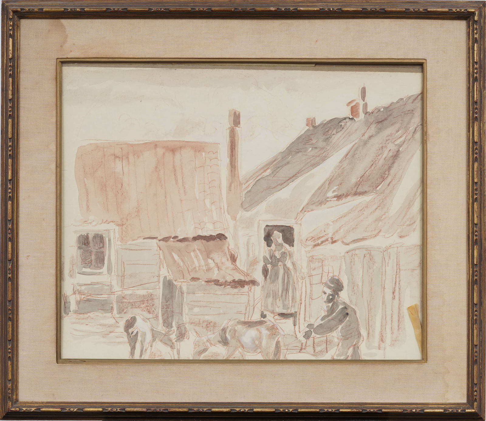 Antique Watercolor Sketch Rural Farm Work Scene Signed Genre Painting (1 of 7)