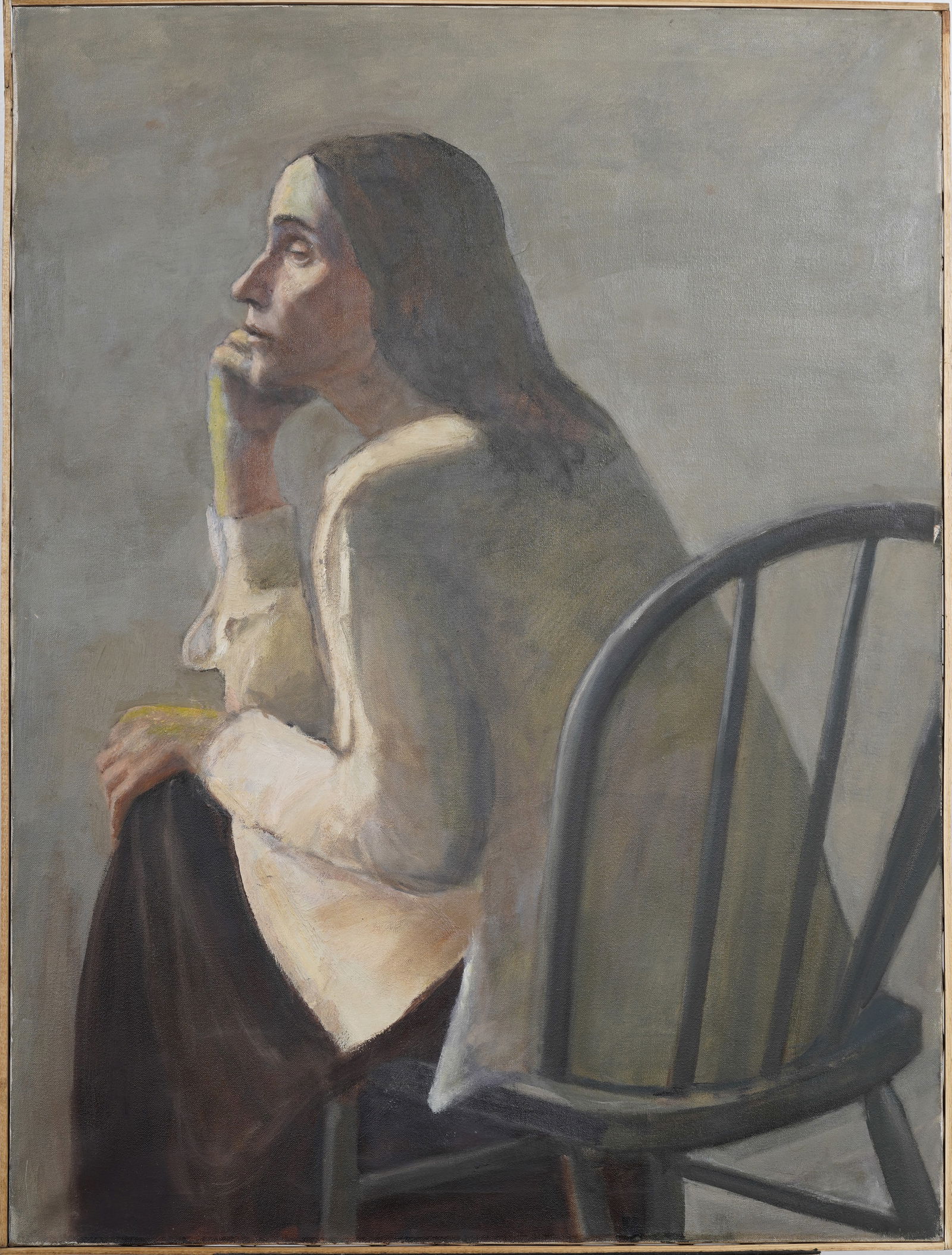 Framed Vintage Modernist American Seated Woman Portrait Original Oil Painting: Vintage American oil painting. Framed in stained wood molding. Measuring: 36.5 by 27.5 inches overall, and 36 by 26 painting alone. Please see all images for condition. Size is measured and written on