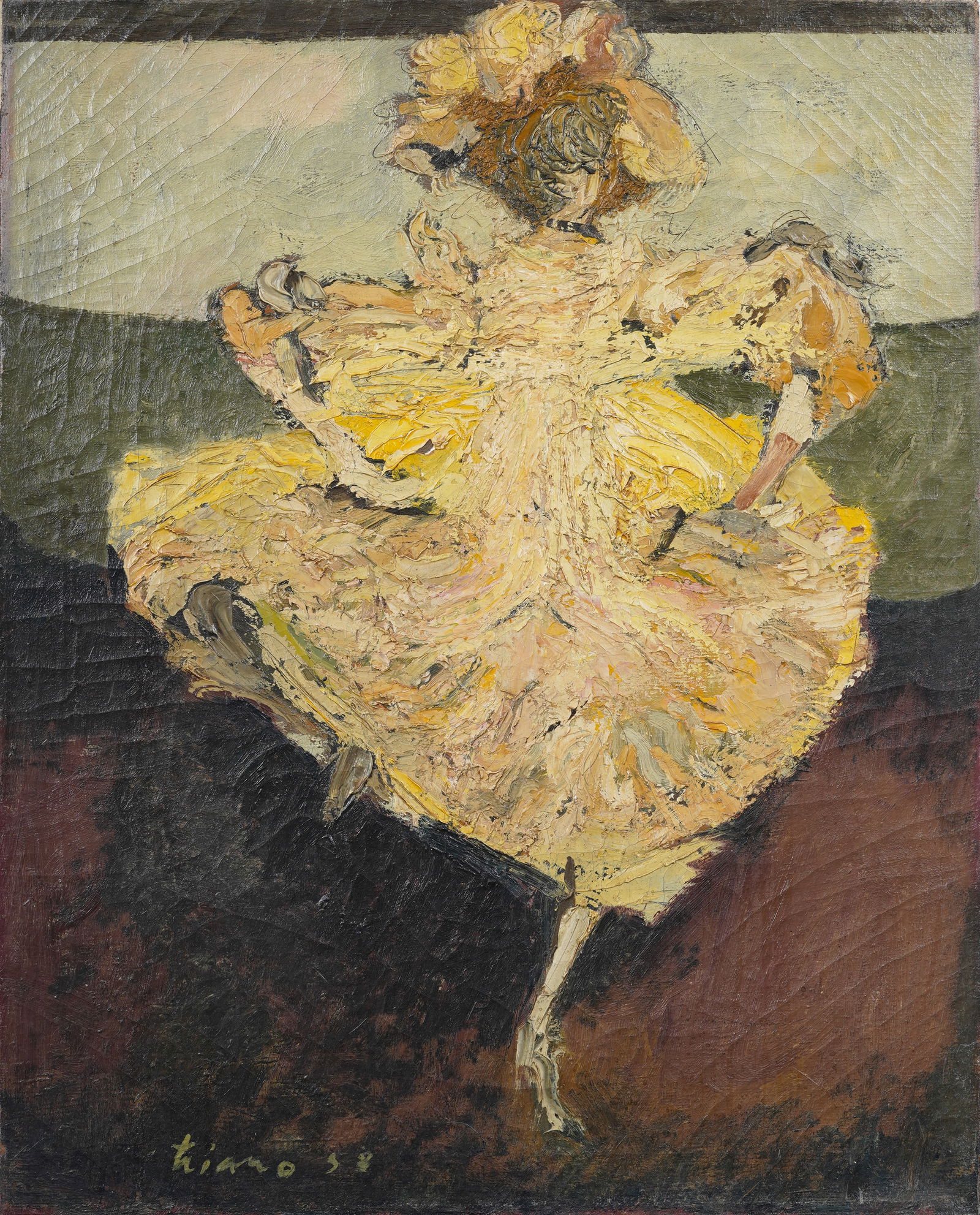 Anthony Triano (1928-1997) Mid Century "Can Can Dancer" Abstract Impasto Original Painting: Vintage American oil painting. Signed. Framed. Measuring: 30 by 24 inches overall. Please see all images for condition. Size is measured and written on the back of the painting or next to each object.