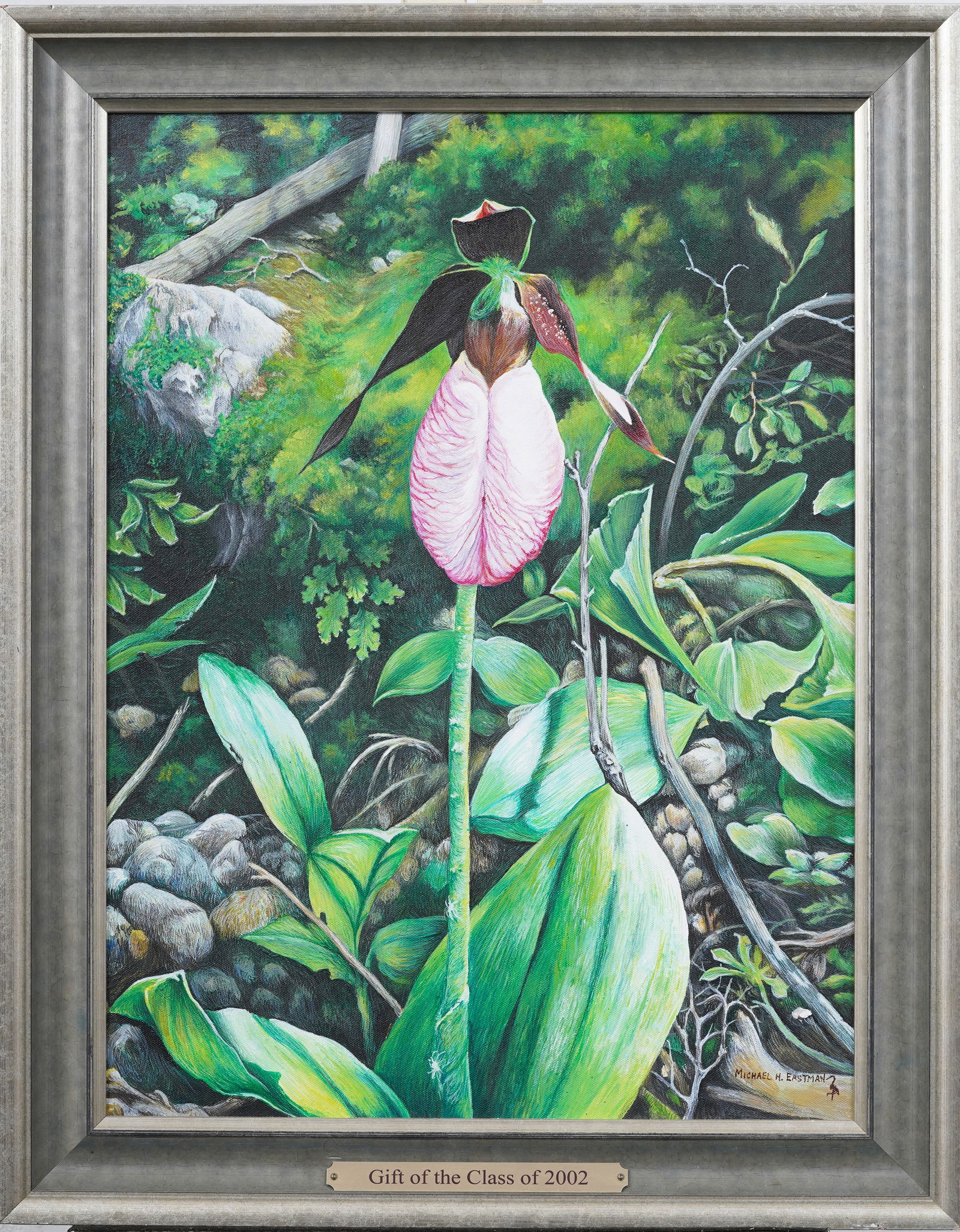 Michael H. Eastman (b. 1947) Hyperrealistic Lady Slipper's Flower Portrait Original Acrylic Painting: Vintage American acrylic painting. Measuring: 29 by 23 inches overall, and 24 by 18 painting alone. Please see all images for condition. Size is measured and written on the back of the painting or nex