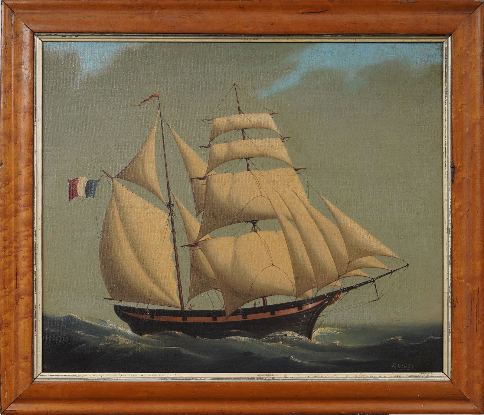 Antique French Maritime Ship Stormy Seascape Signed "R. West" Original Framed Oil Painting: Antique French seascape oil painting. Signed. Framed. Measuring: 24 by 28 inches overall, and 20 by 24 painting alone. Please see all images for condition. Size is measured and written on the back of