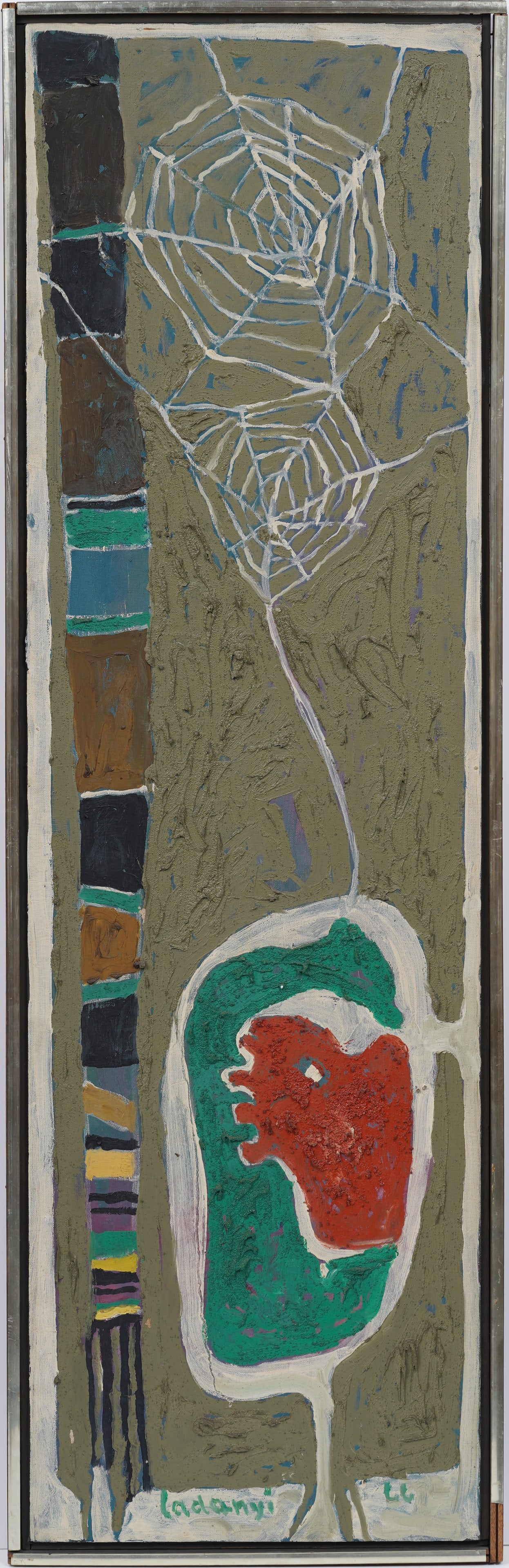 Emory Ladanyi (1902-1986) Vintage Hungarian American Original Spiderweb Vertical Oil Painting: Vintage Hungarian American oil painting. Signed. Framed. Measuring: 51 by 19 inches overall, and 49 by 18 painting alone. Please see all images for condition. Size is measured and written on the back