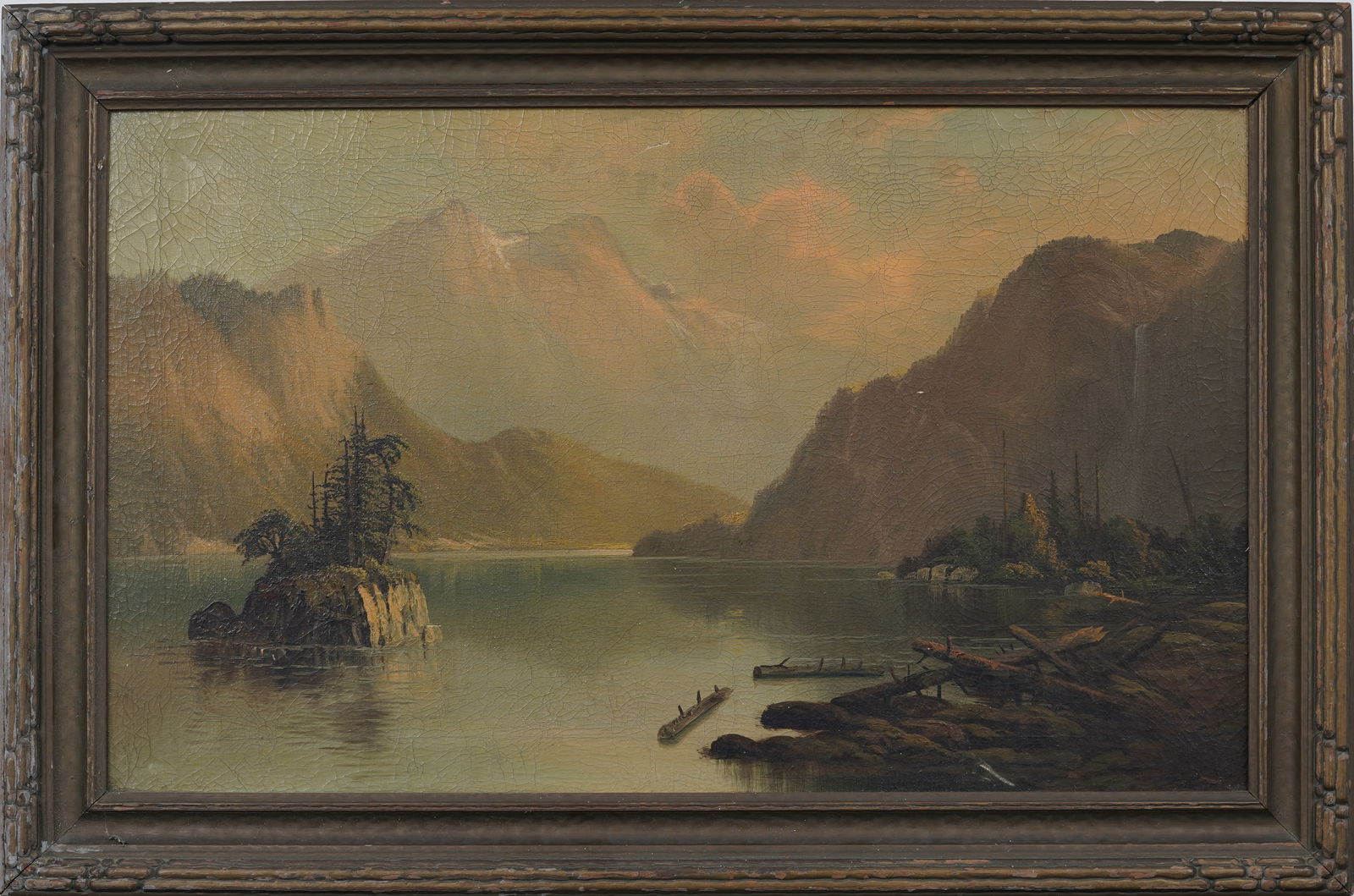 Antique American Western Hudson River School Mountain Waterfall Framed Landscape Oil Painting (1 of 8)