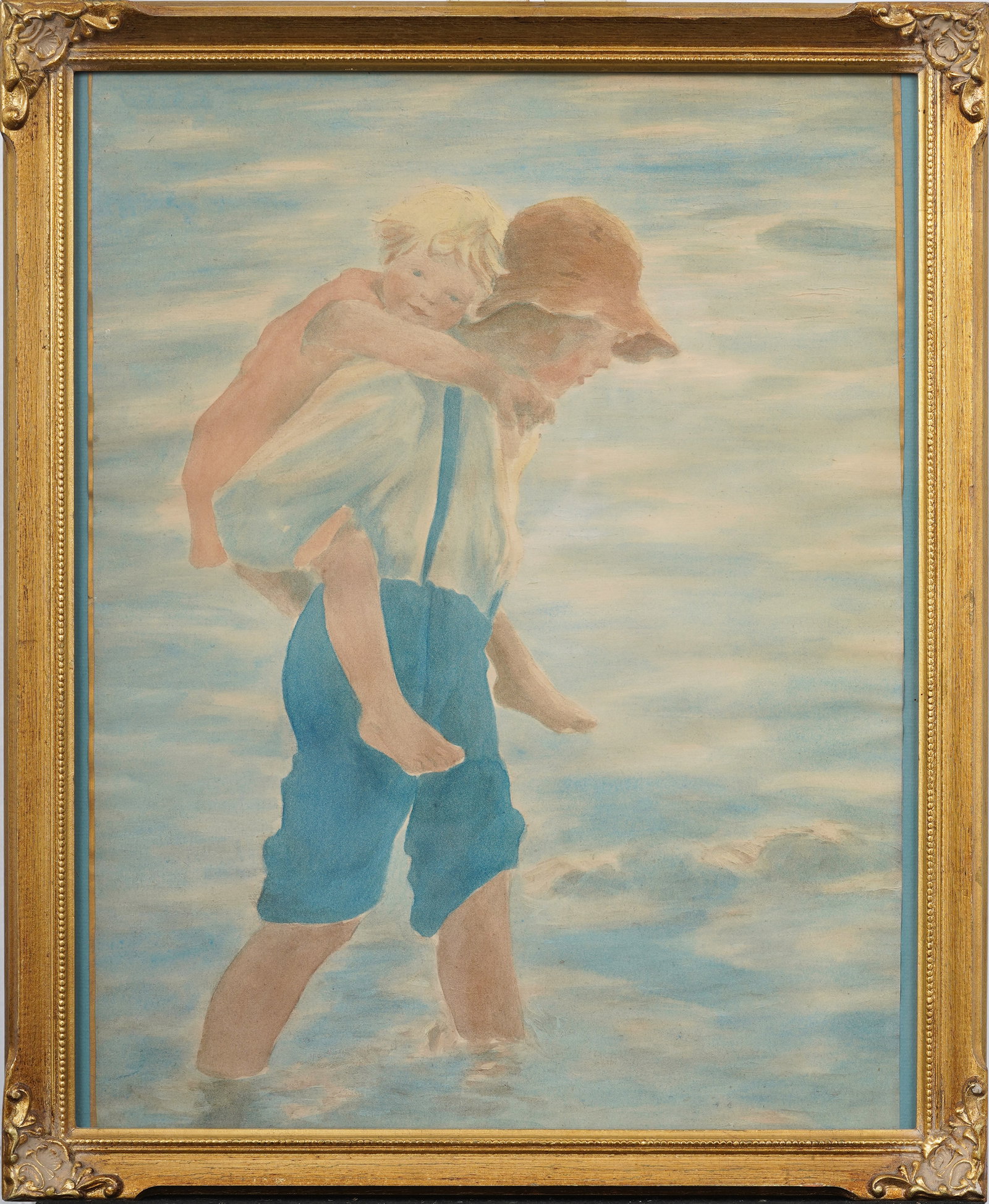 Very Sweet Vintage American Original Framed Big Brother Carrying Little Sister Watercolor: Vintage American watercolor. Framed. Measuring: 22 by 18 inches overall, and 19.25 by 15.5 painting alone. Please see all images for condition. Size is measured and written on the back of the painting