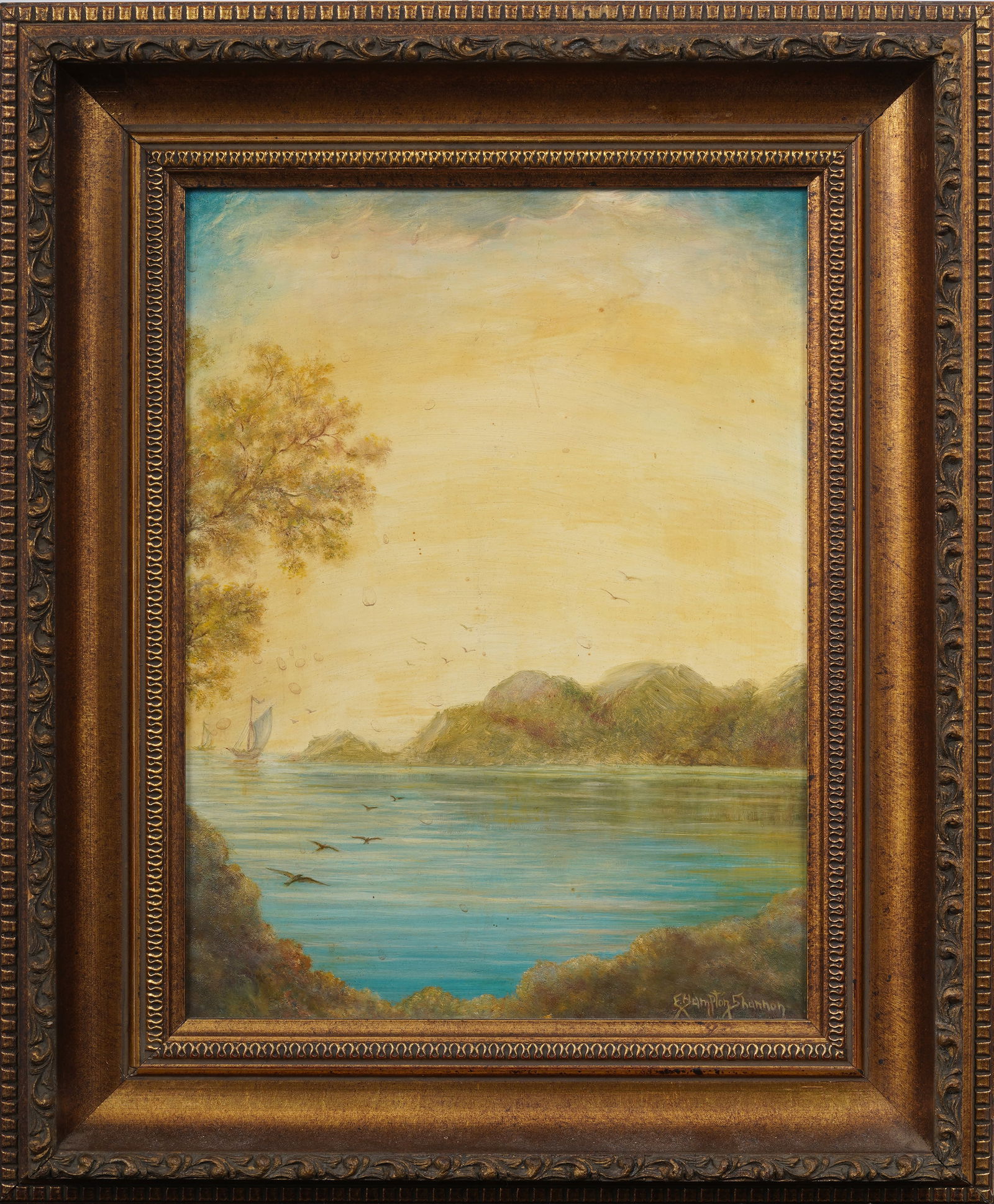 Signed Vintage Sailing Ships at Sea Mountain Seascape Original Framed Oil Painting: Vintage seascape oil painting. Signed. Framed. Measuring: 17 by 14 inches overall, and 11.5 by 8.75 painting alone. Please see all images for condition. Size is measured and written on the back of the