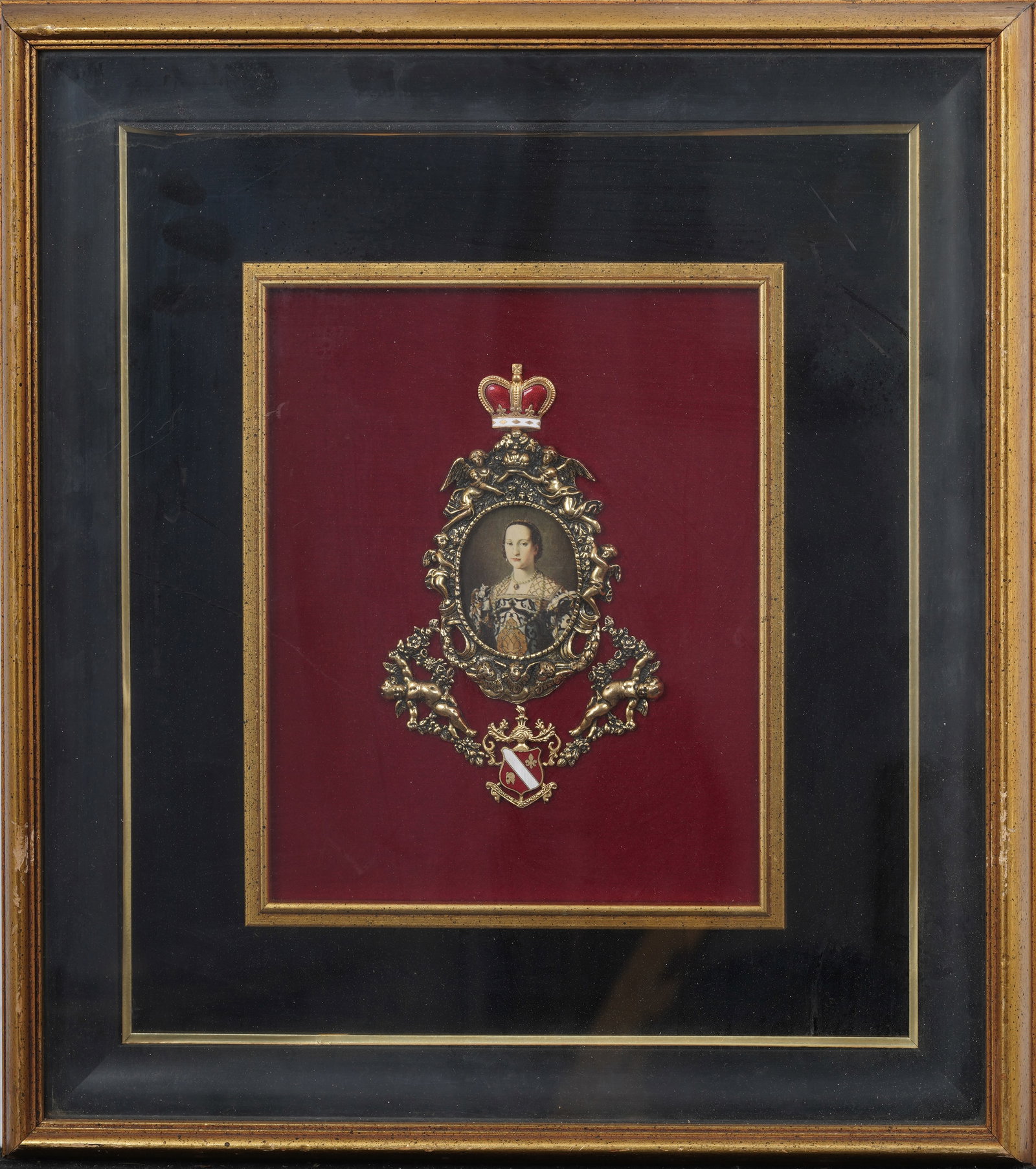 Elaborately Framed Velvet Mounted Miniature Portrait Print Bronzino "Portrait of Eleanor of Toledo": Antique miniature print portrait in metal frame. Framed. Measuring: 18 by 16 inches overall, and 6.25 by 4.25 painting alone. Please see all images for condition. Size is measured and written on the b