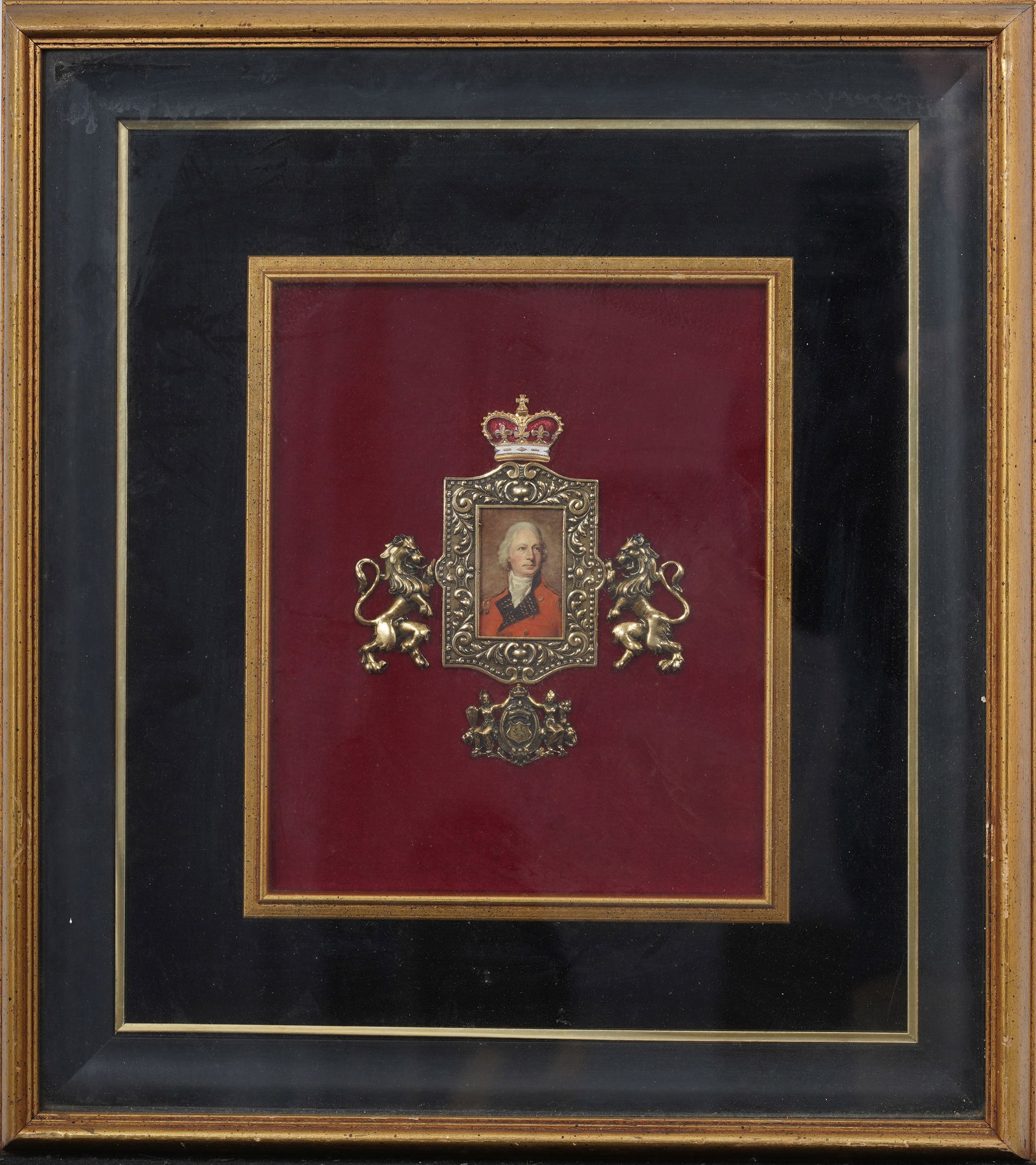 Framed Velvet Mounted Miniature Portrait Print Raeburn "Portrait of Lt. General Alexander Campbell": Antique miniature print portrait in metal frame. Framed. Measuring: 17 by 15 inches overall, and 5 by 5 painting alone. Please see all images for condition. Size is measured and written on the back of