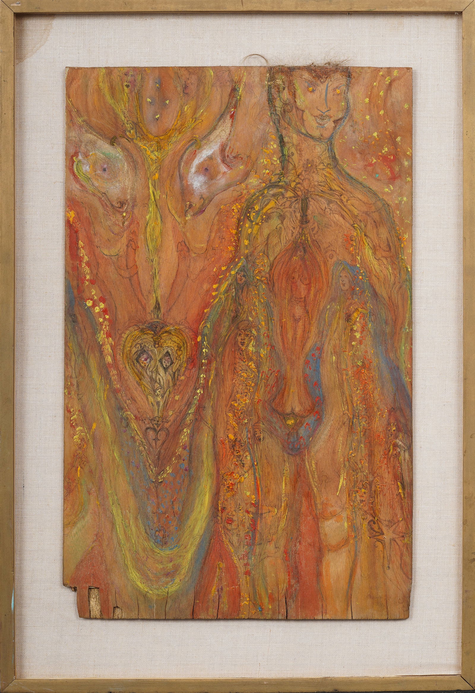 Mixed Media Oil and Pen on Wood Panel Abstract Psychedelic Male Figure Dadd-esque Intricate Detail: Vintage American mixed media. Human hair attached. Framed. Measuring: 25 by 17 inches overall, and 20 by 12 painting alone. Please see all images for condition. Size is measured and written on the bac