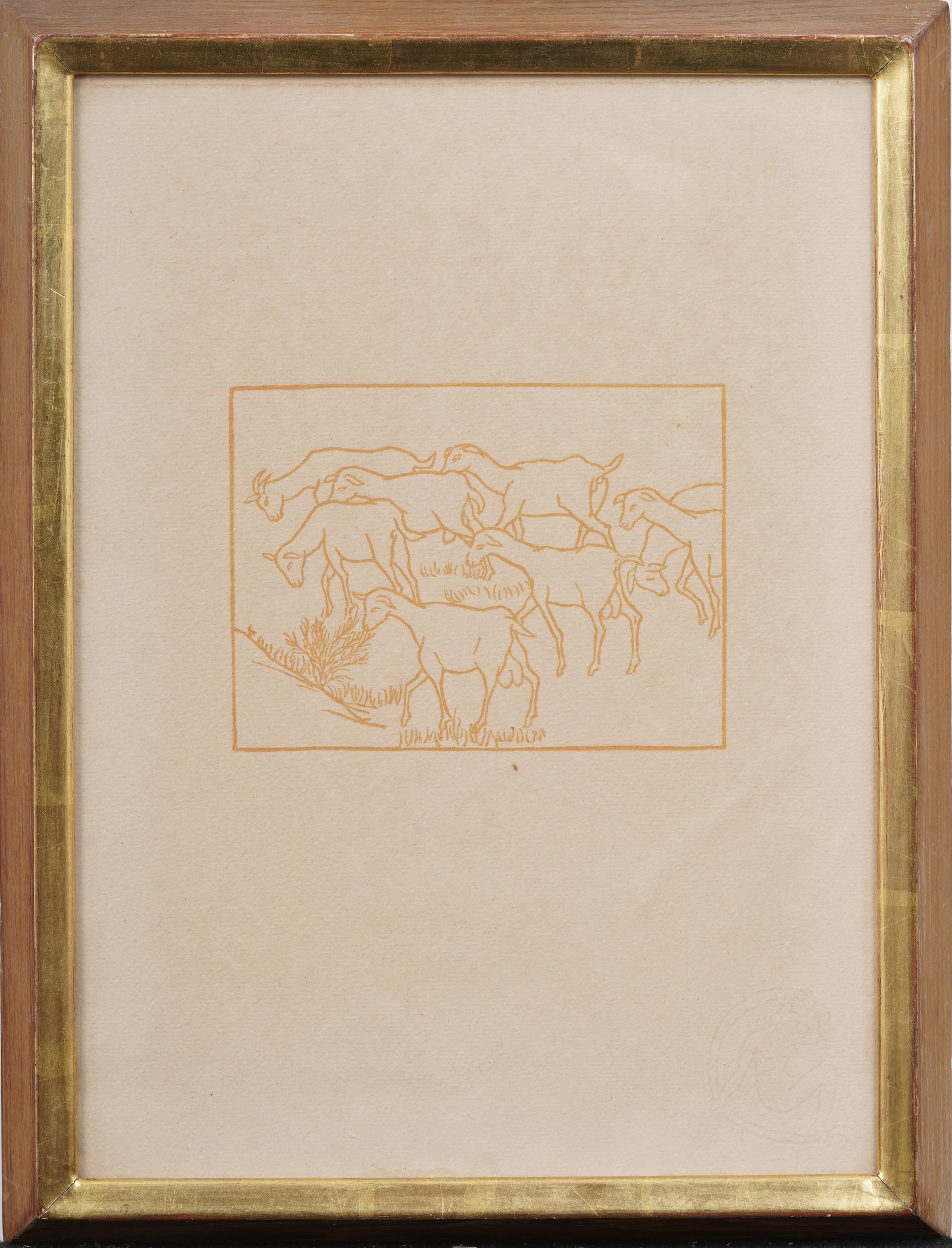 Aristede Maillol (1861-1944) Illustration for "Le Georgique" Original Framed Woodcut: Antique woodcut print. Framed. Measuring: 15 by 11 inches overall, and 4.25 by 5.5 painting alone. Please see all images for condition. Size is measured and written on the back of the painting or next