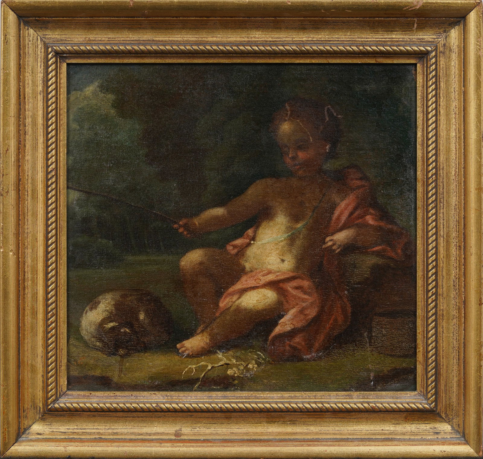 Antique European Old Master Remus in the Woods Romantic Mythological Original Framed Oil Painting: Antique European old master oil painting on panel. Framed. Measuring: 14 by 15 inches overall, and 10.5 by 11 painting alone. Please see all images for condition. Size is measured and written on the b