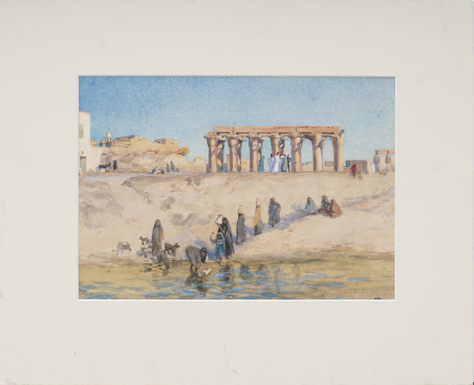 Ethel Badcock British 1906 Figures Beside the Nile Luxor Egypt Original Monogrammed Watercolor (1 of 10)