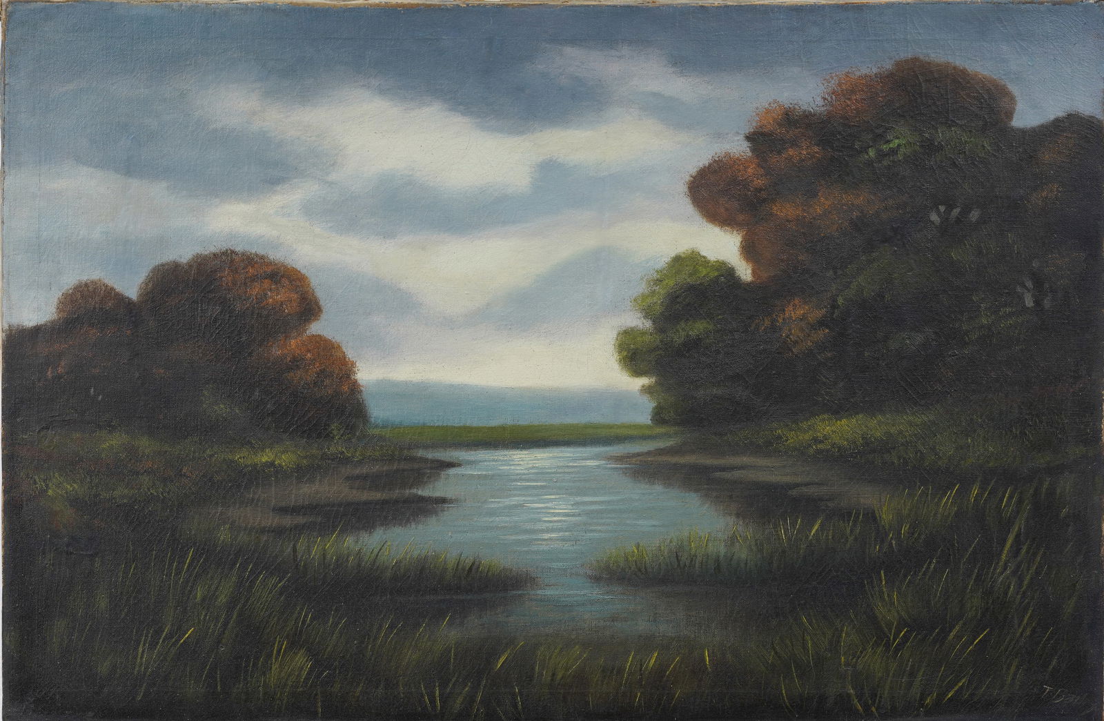 Antique American Marshy Lake Landscape Original Oil Painting Signed "T. Ball" (1 of 7)