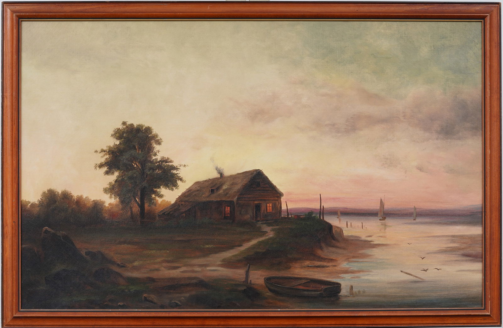 Antique European Twilit Coastal Landscape Framed Original Sunset River View Oil Painting (1 of 5)