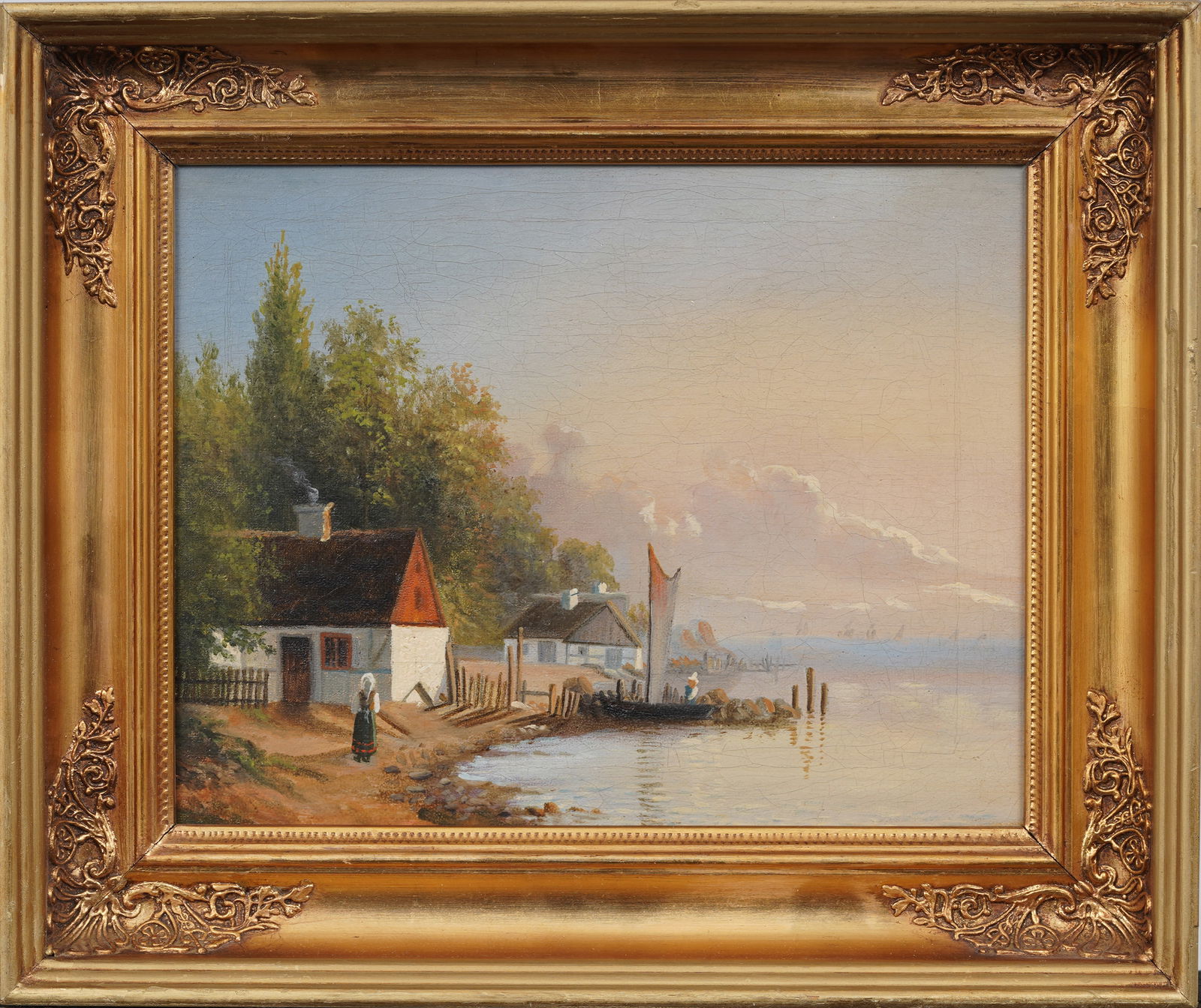 Antique 19th c. European Framed Daybreak Coastal Town Landscape Original Oil Painting (1 of 7)