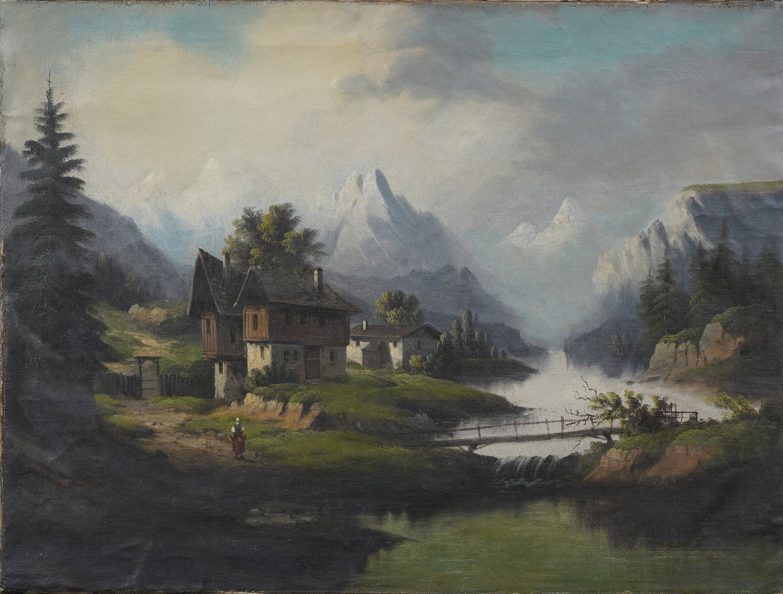 Antique 19th c. European Alpine Village Landscape Original Oil Painting (1 of 6)