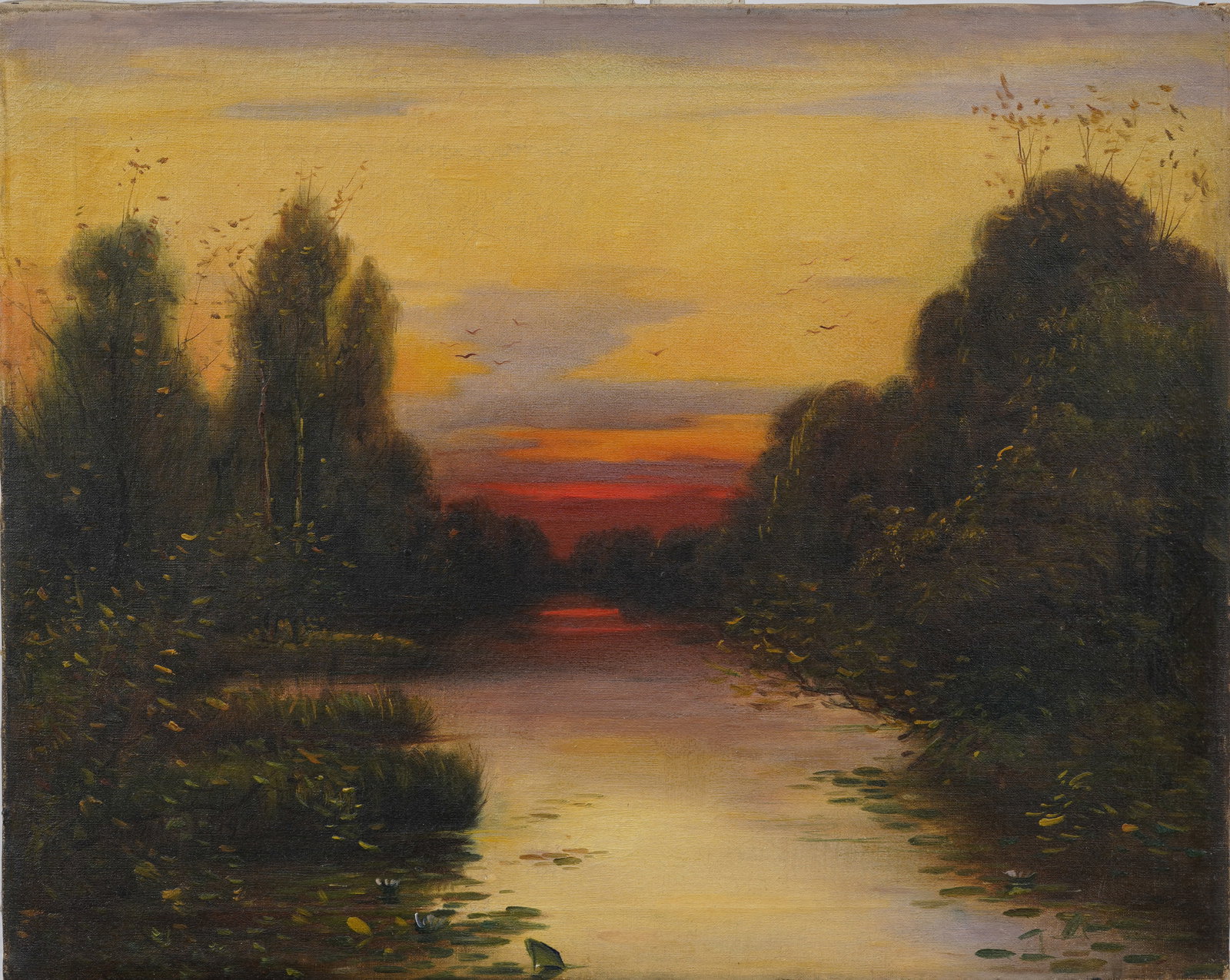 Beautiful Antique American School Marsh Lake Sunset Landscape Water Lilly Original Oil Painting (1 of 4)