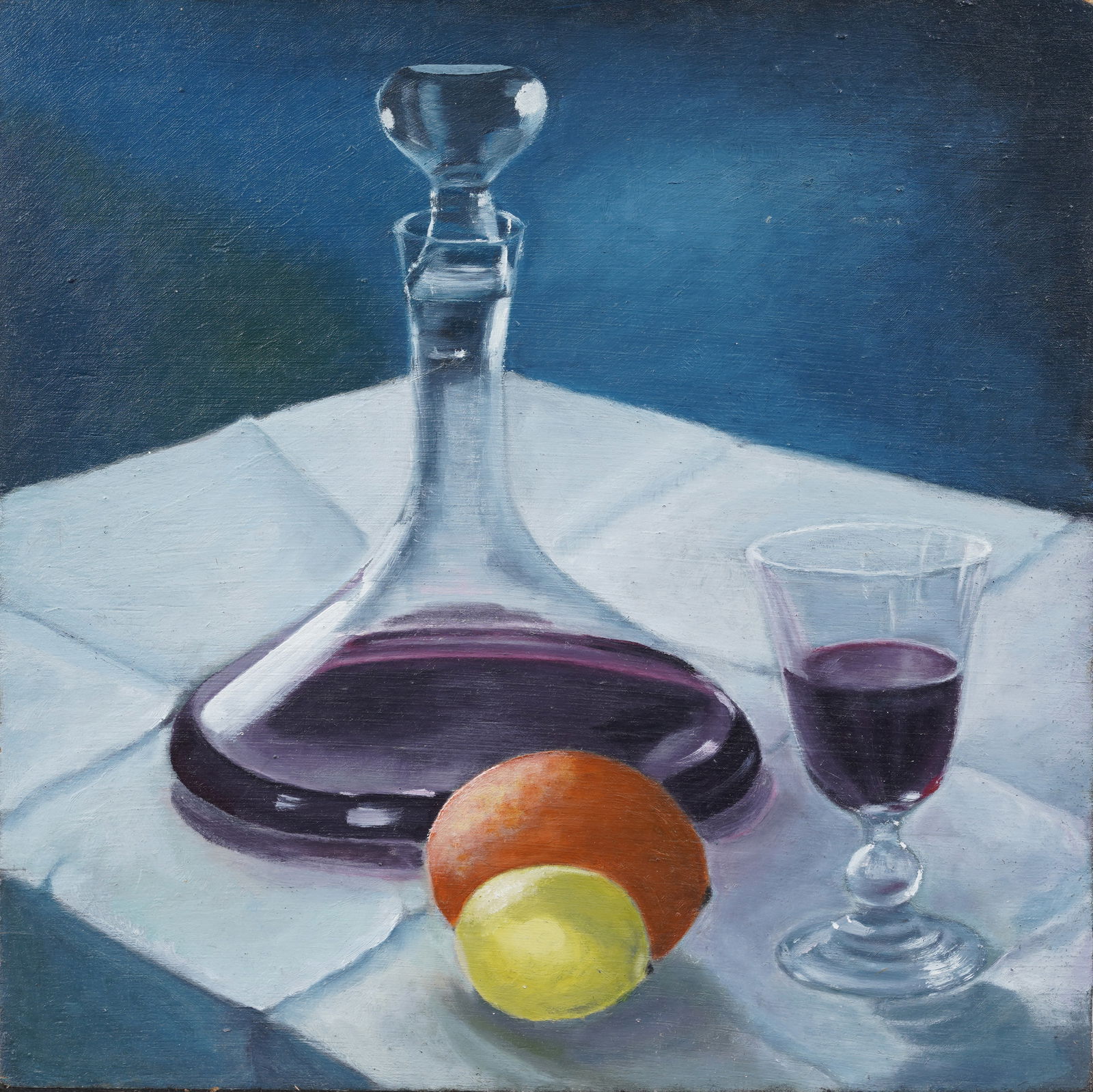 Vintage Original Oil Painting on Wood Panel Wine Still Life: Vintage oil painting. Measuring: 13.75 by 13.75 inches overall. Please see all images for condition. Size is measured and written on the back of the painting or next to each object. The first size is