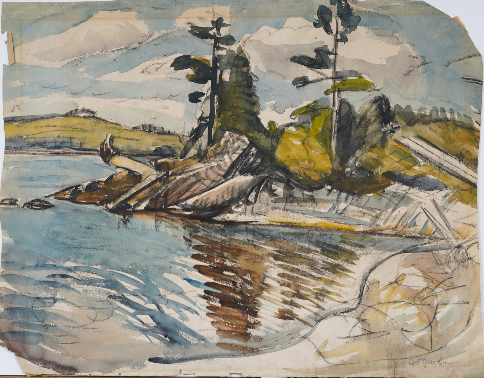 Carl Sprinchorn (1887-1971) Vintage American Lake Shore Landscape Original Watercolor Painting (1 of 6)