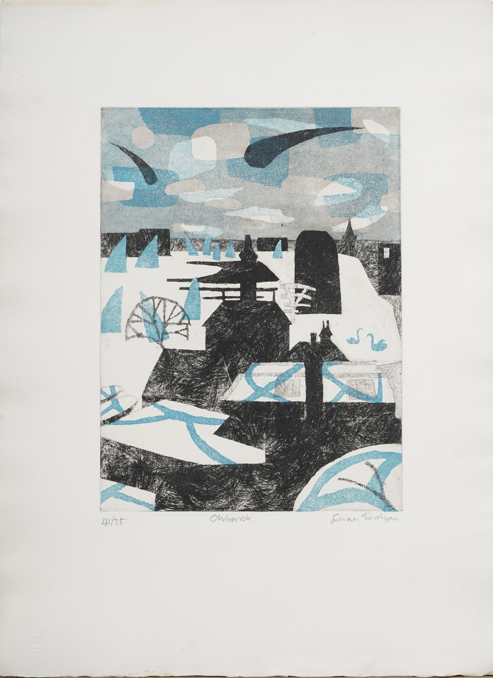 Julian Trevelyan (1910-1988) Signed British Vintage "Chiswick" London Original Lithograph: Vintage British lithograph. Signed. Measuring: 23 by 30 inches overall, and 13.5 by 18.5 painting alone. Please see all images for condition. Size is measured and written on the back of the painting o