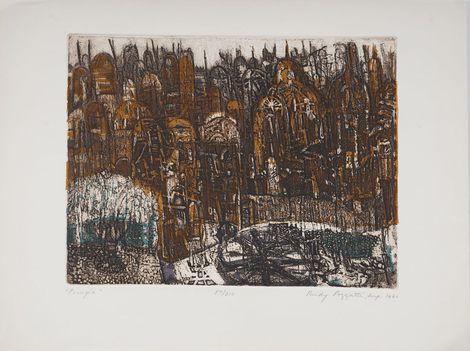 Rudy Pozzatti (1925-2021) Mid Century American Signed Original "Perugia" Lithograph (1 of 9)