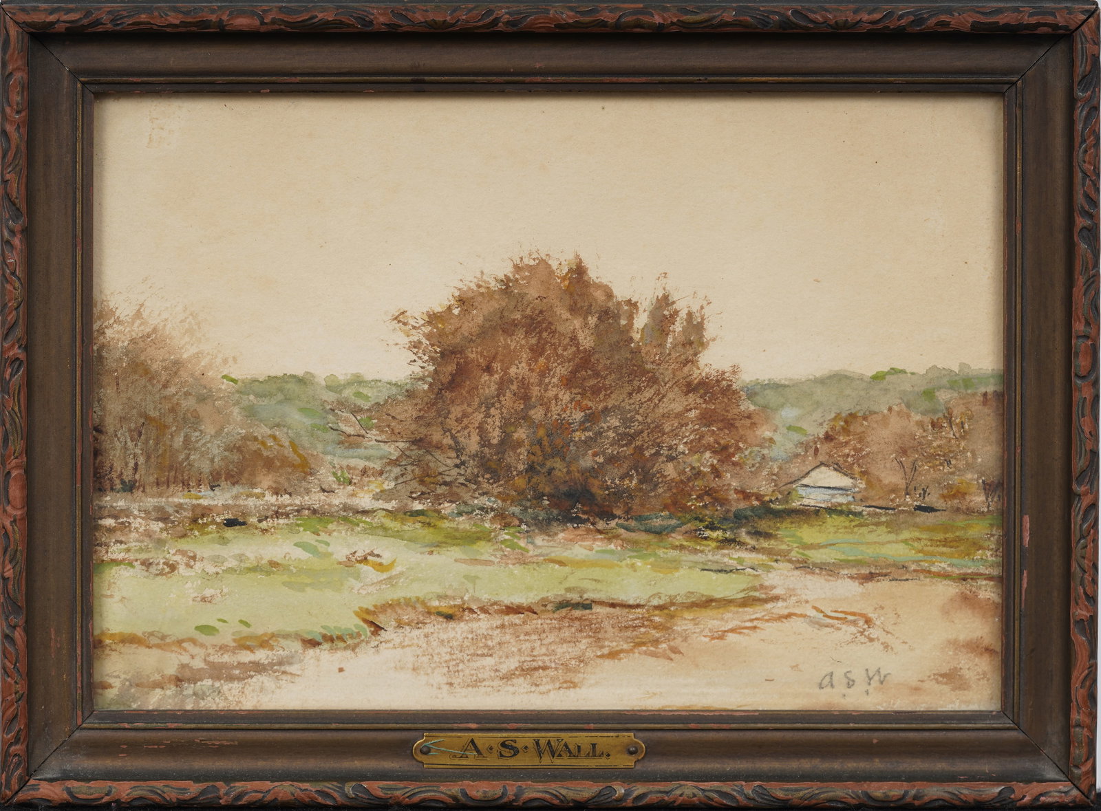 ATTR Alfred S. Wall (1825-1896) Antique Initialed American Watercolor Landscape Sketch Period Frame (1 of 7)