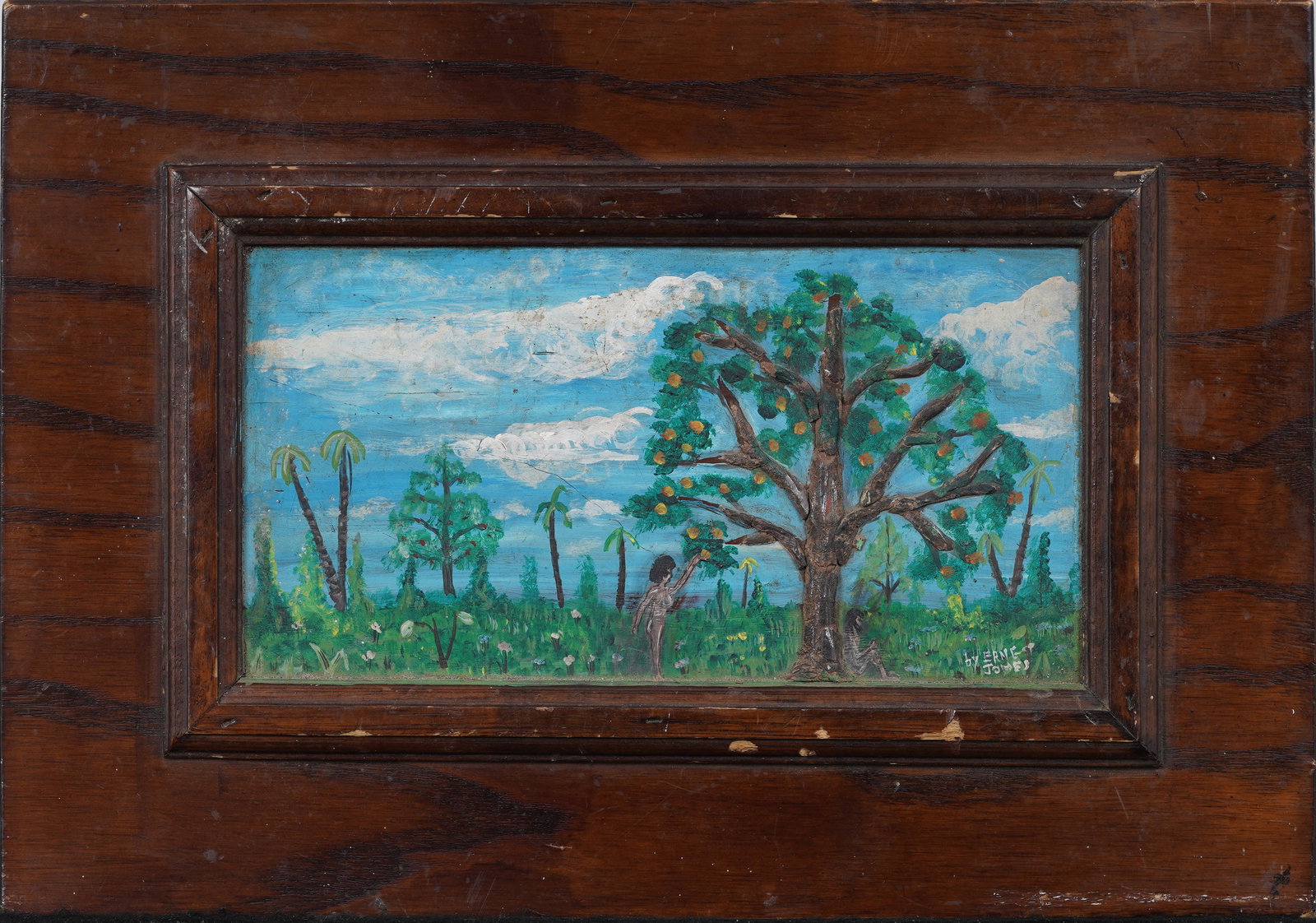 20th c. American Folk Outsider Artist Adam and Eve Tree of Knowledge Signed "Ernest Jones": Vintage American oil painting. Signed. Framed. Measuring: 11 by 16 inches overall, and 6 by 11 painting alone. Please see all images for condition. Size is measured and written on the back of the pain