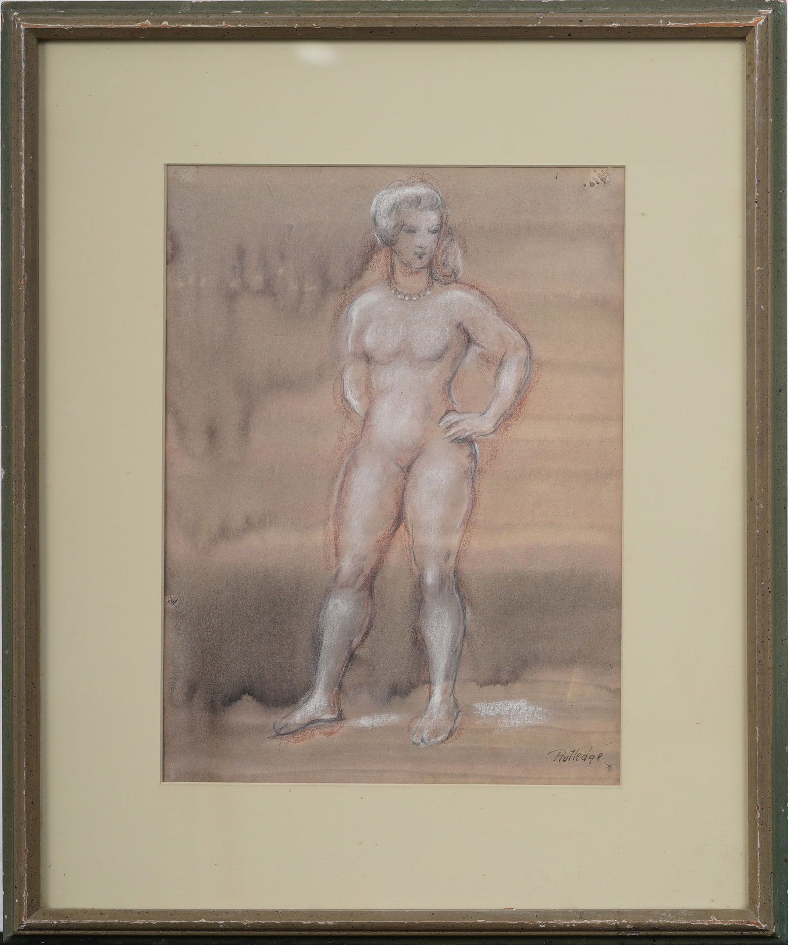 Ann Rutledge (1890-1988) California Exhibited Watercolor and Conte "Nude with a Necklace" on Paper: Vintage American watercolor and conte. Exhibit label verso, stamped "Alex Minewski" with NYC address. Signed. Framed. Measuring: 18 by 15 inches overall, and 12 by 9 painting alone. Please see all ima