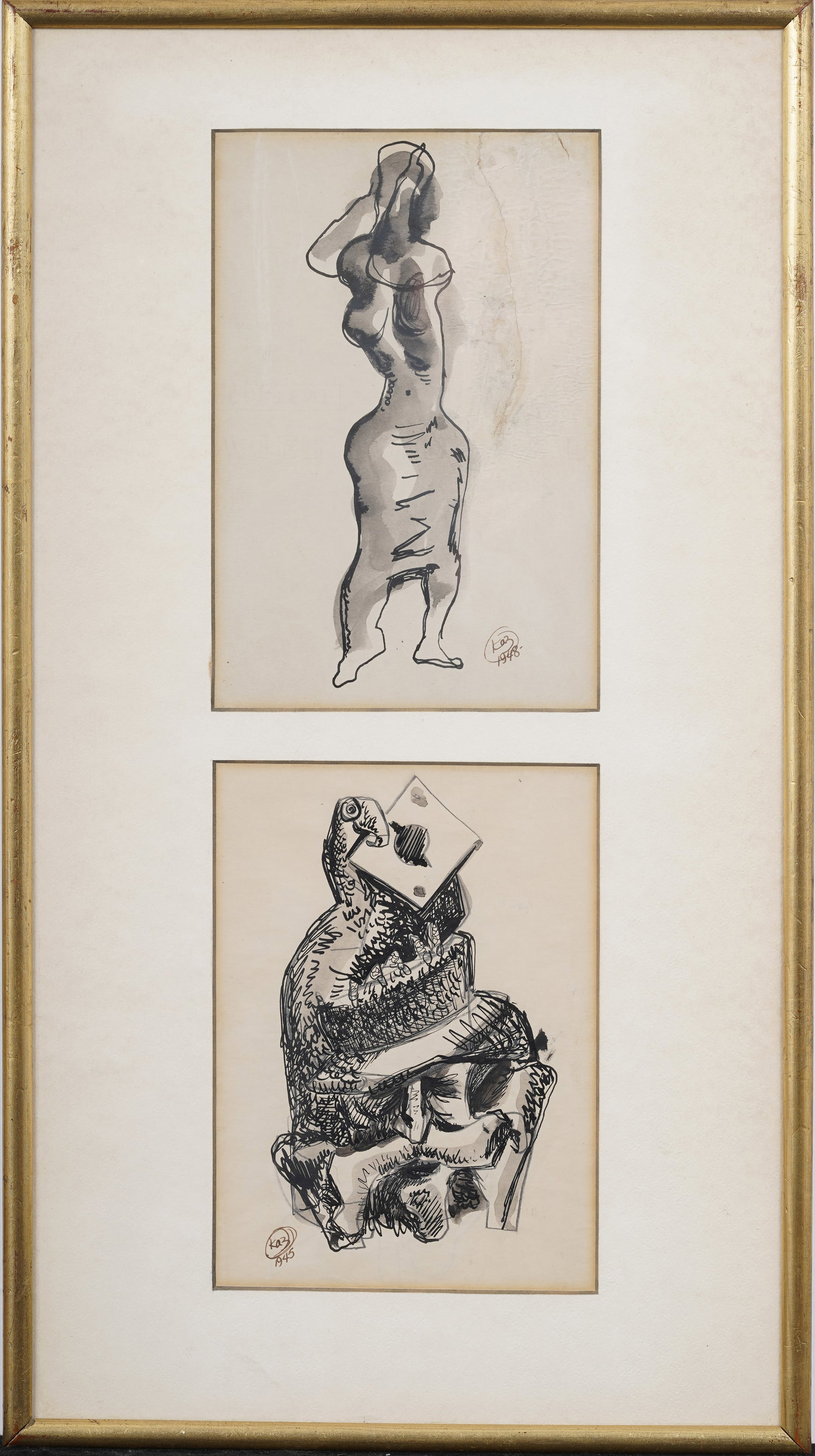 Nathaniel Kaz (1917-2010) Two Signed Mid Century American Ink on Paper Drawings: Mid century American ink on paper. Signed and dated. Framed. Each measuring: 23 by 13 inches overall, and 9 by 6 painting alone. Please see all images for condition. Size is measured and written on th