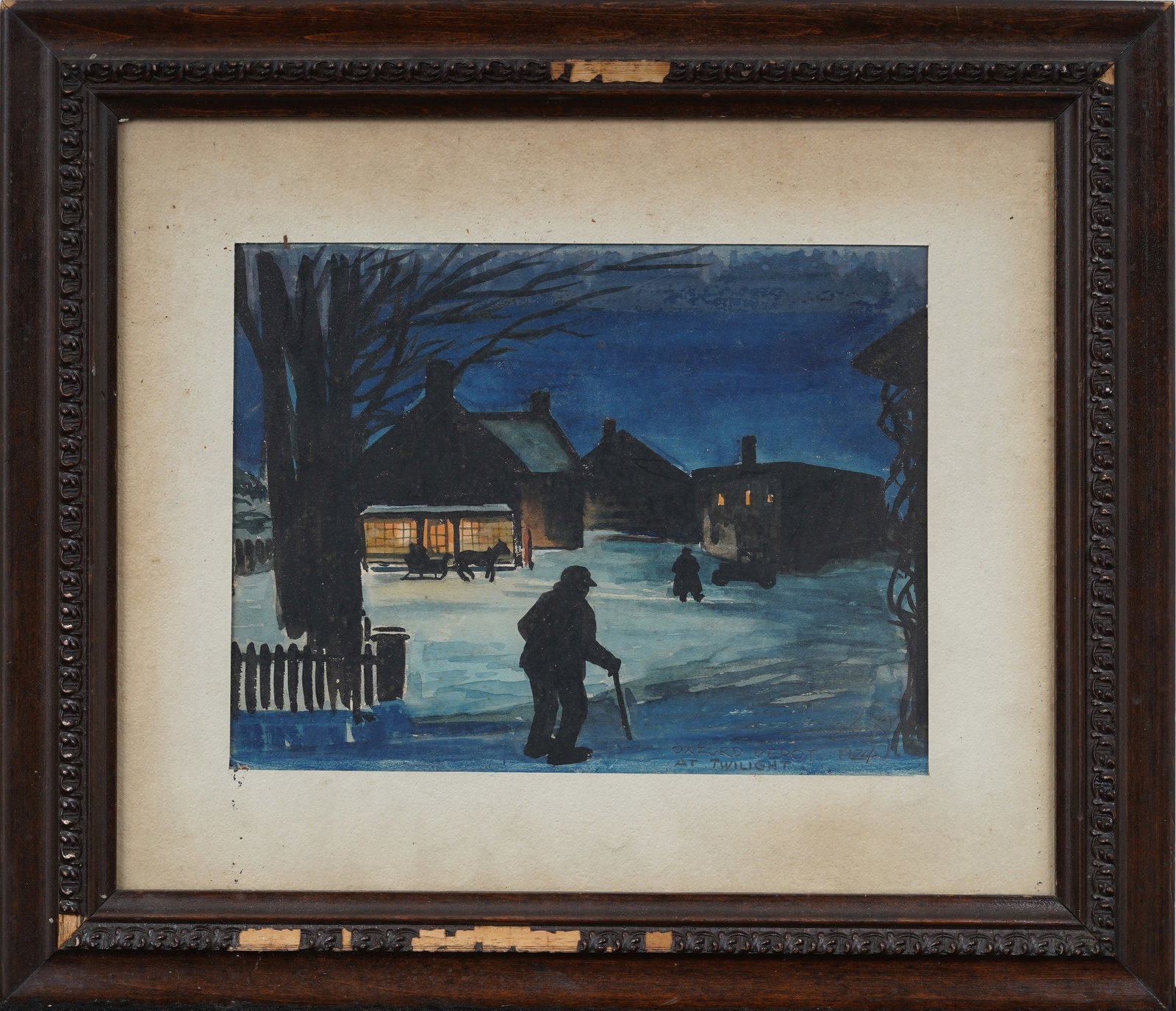 Antique American Signed Watercolor "Oxford Depot at Twilight" 1924 Small Town Evening Landscape (1 of 7)