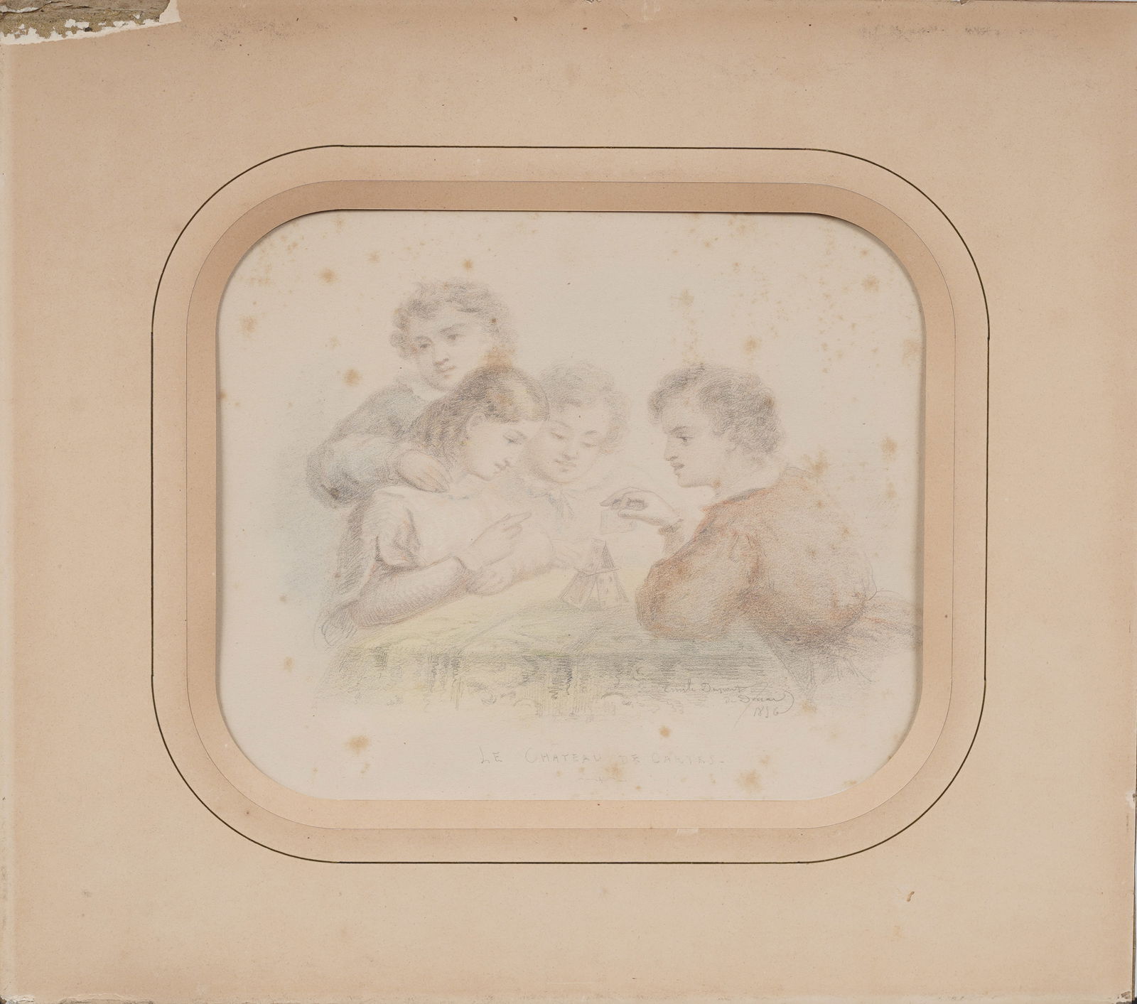 Antique French Signed "Emile Dupont" 1856 Colored Pencil Sketch "House of Cards": Antique French colored pencil on paper. Signed, dated, and titled. Measuring: 13 by 15 inches overall, and 8 by 9 drawing alone. Please see all images for condition. Size is measured and written on th