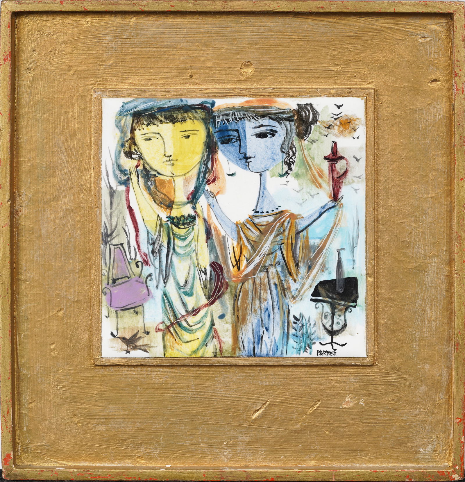 Gertrude Barrer (1921-1992) Mid Century New York City Woman Artist Indian Space Painters Roman Women: Mid century American gouache painting. signed. Framed. Measuring: 11 by 11 inches overall, and 6 by 6 painting alone. Please see all images for condition. Size is measured and written on the back of t