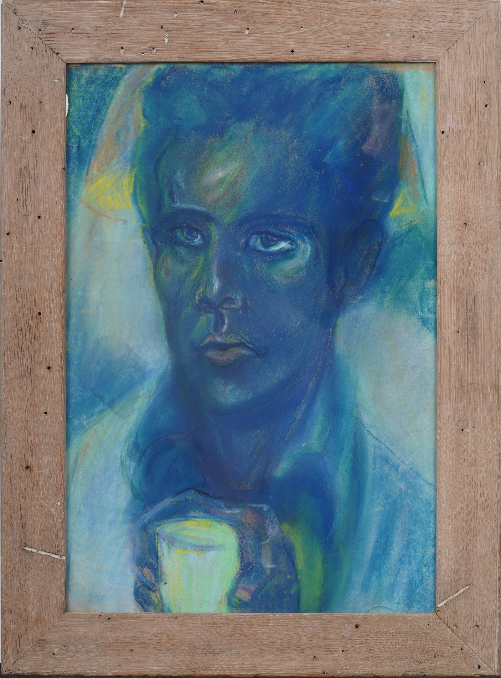 Signed Vintage American Vivid Blue Original Pastel Handsome Man Portrait (1 of 8)