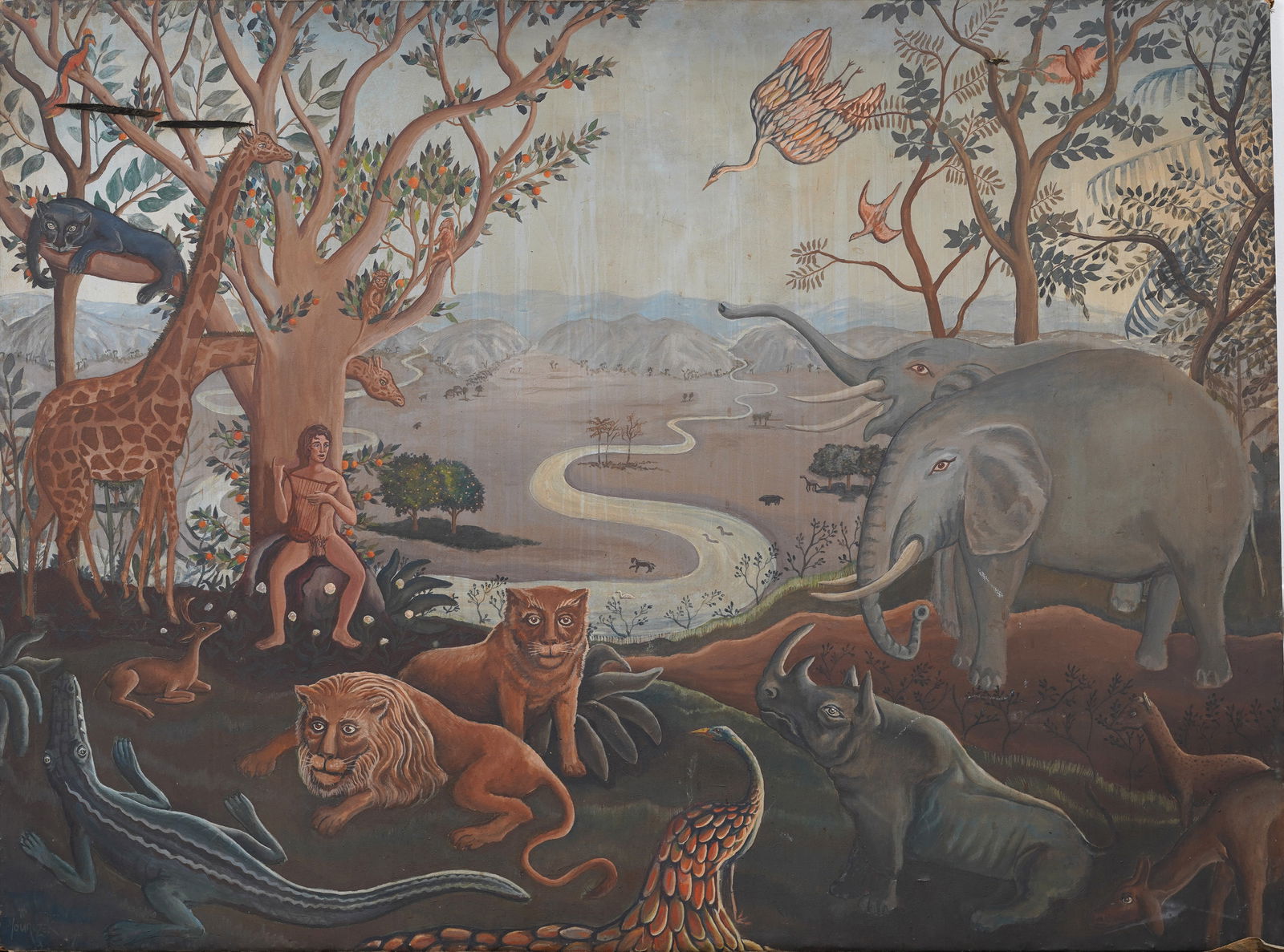 Huge Vintage Orphic Bucolic Garden Peaceful Animals Original Oil Painting (1 of 12)