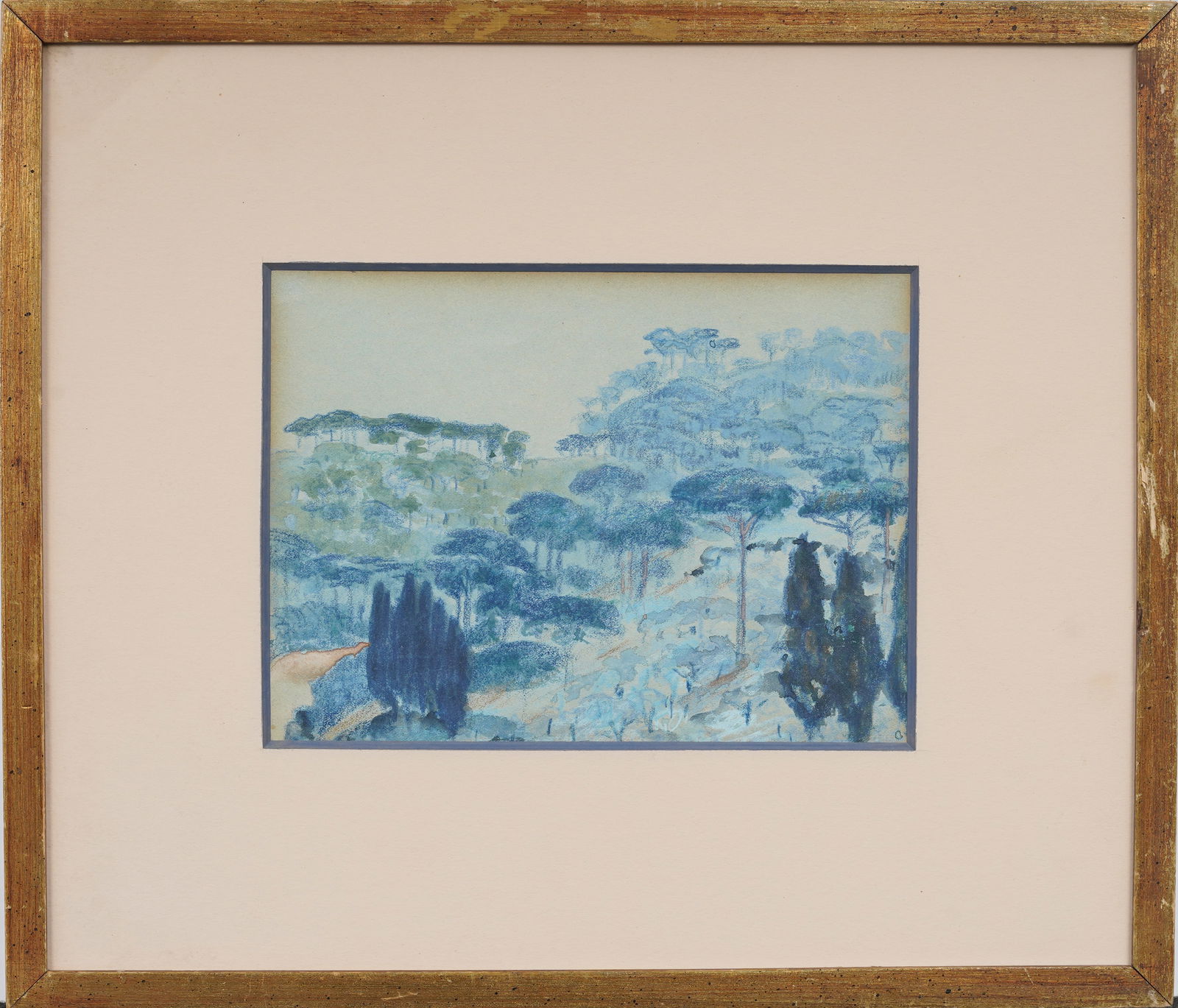 Vintage Italian Original Forest Canopy Crayon and Watercolor Landscape Framed Painting: Vintage Italian watercolor and crayon. Framed. Measuring: 12 by 13 inches overall, and 5.5 by 7.5 painting alone. Please see all images for condition. Size is measured and written on the back of the p