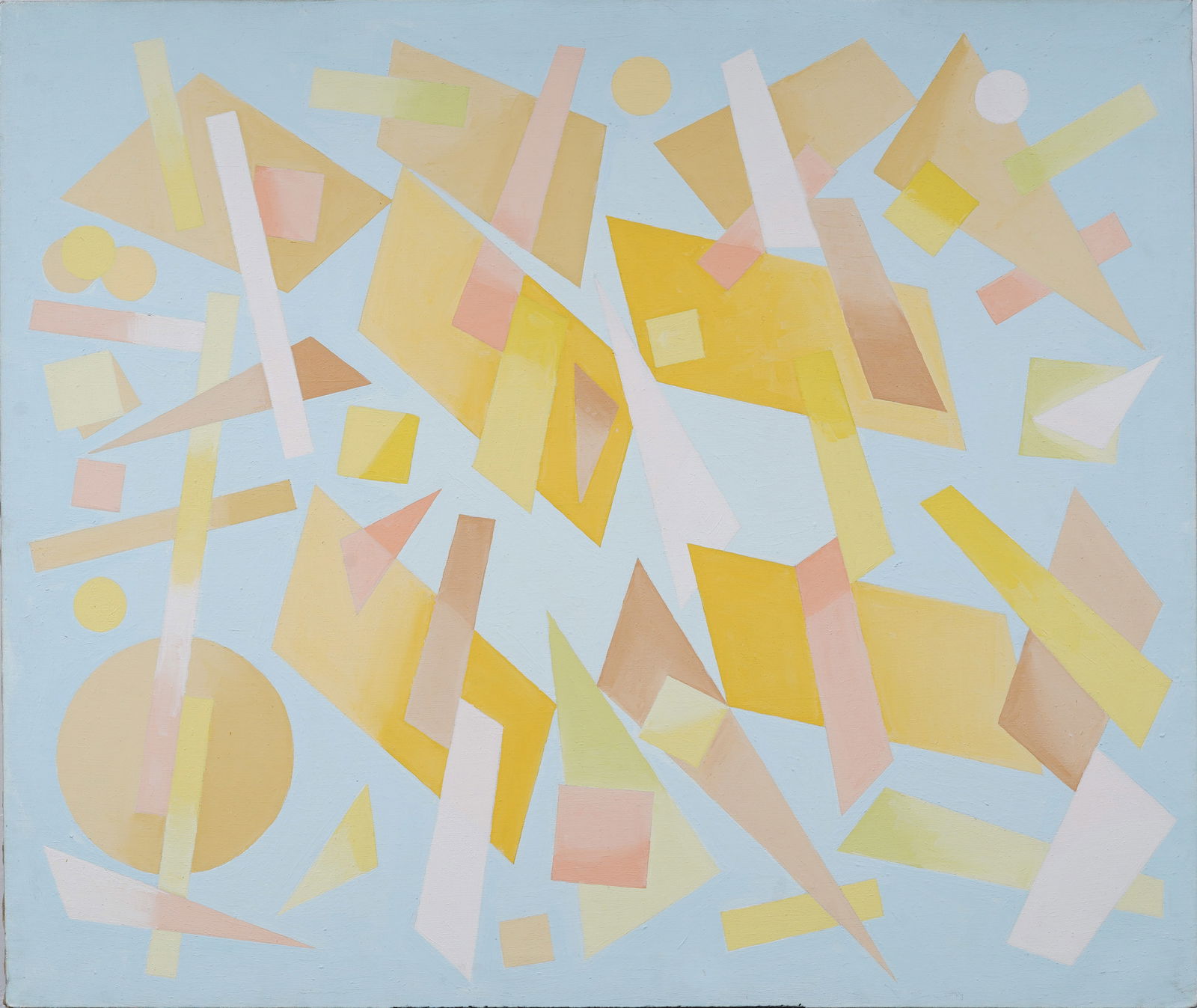 Signed Large Modernist Geometric Abstract Original MCM Oil Painting: Vintage American oil painting. Signed verso. Measuring: 42 by 50 inches overall. Please see all images for condition. Size is measured and written on the back of the painting or next to each object. T