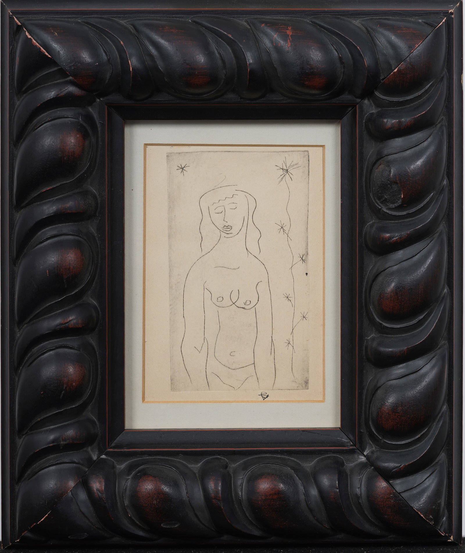 Mid Century Vintage American Monogrammed Nude Original Etching After Matisse: Vintage American etching. Monogrammed. Framed. Measuring: 12 by 10 inches overall, and 7 by 5 painting alone. Please see all images for condition. Size is measured and written on the back of the paint