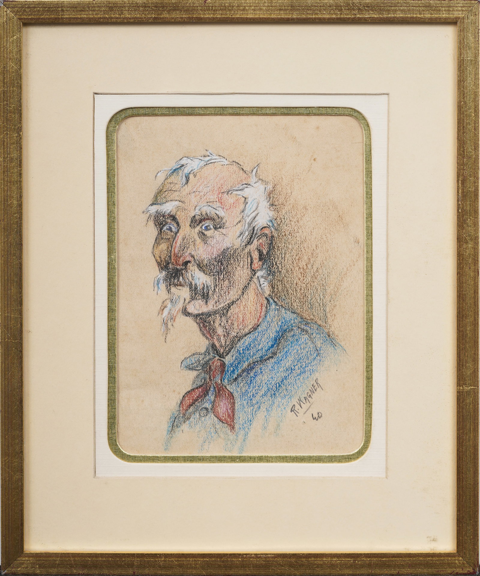 Mid Century 1940 Humorous Old Man Portrait Signed "R. Wagner" Original Framed Pastel: Vintage American pastel. Signed. Framed. Measuring: 10 by 9 inches overall, and 6 by 4.5 painting alone. Please see all images for condition. Size is measured and written on the back of the painting o