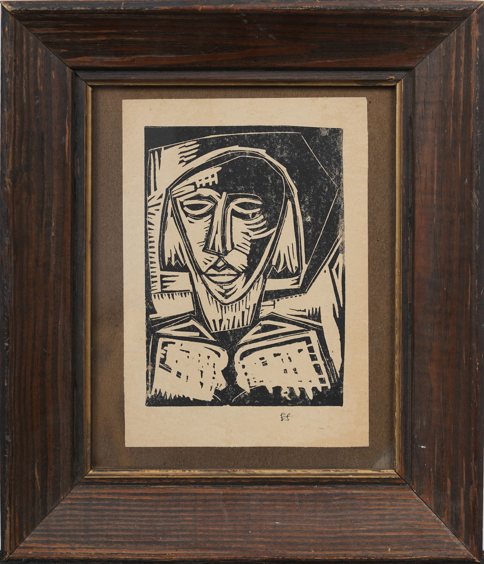 Monogrammed Antique 1910-20 German Expressionist Original Framed Woodblock Print (1 of 5)
