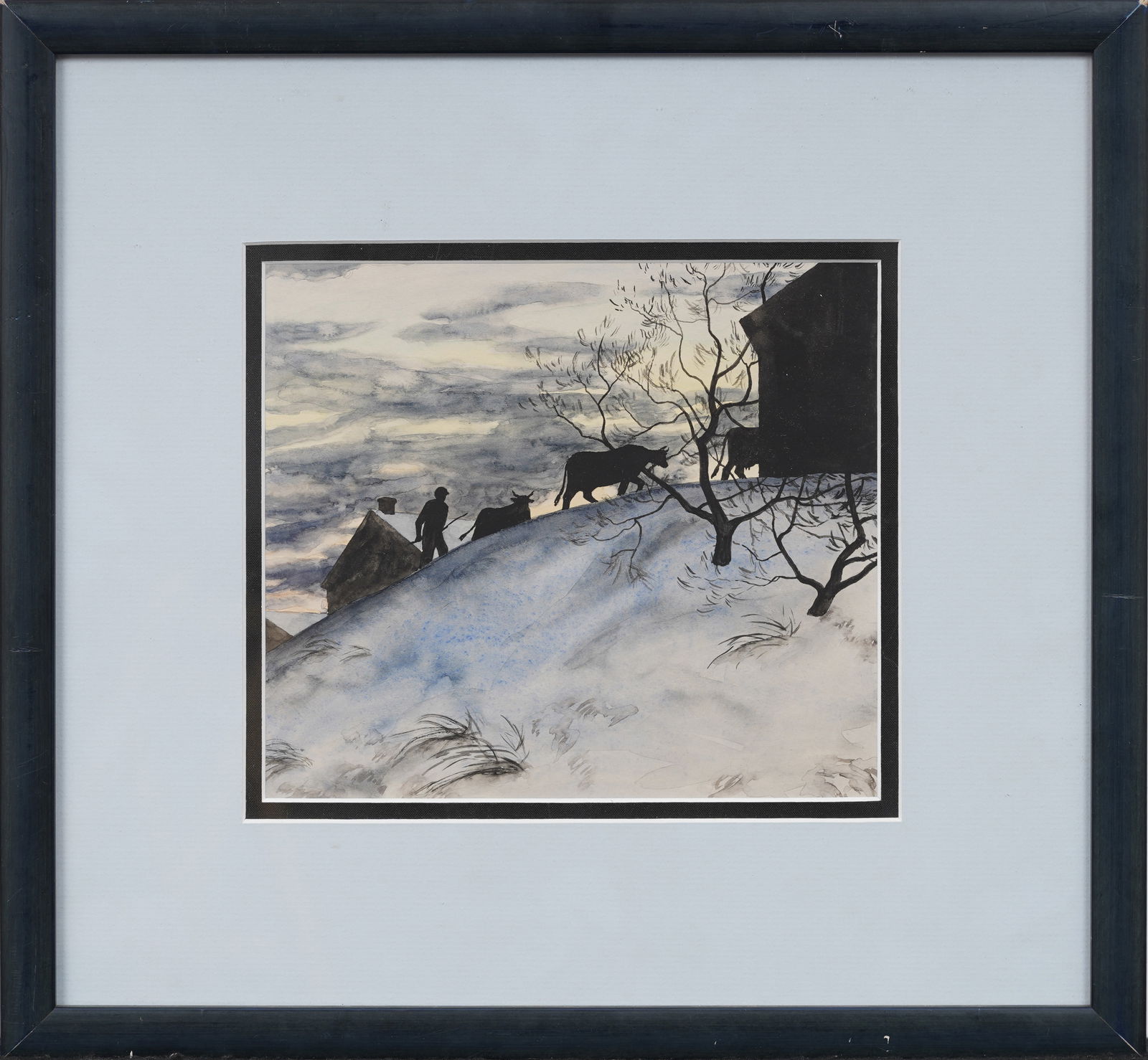 Vintage American WPA Regionalist 1930s Farmer with Cattle Winter Dusk Original Framed Painting (1 of 5)