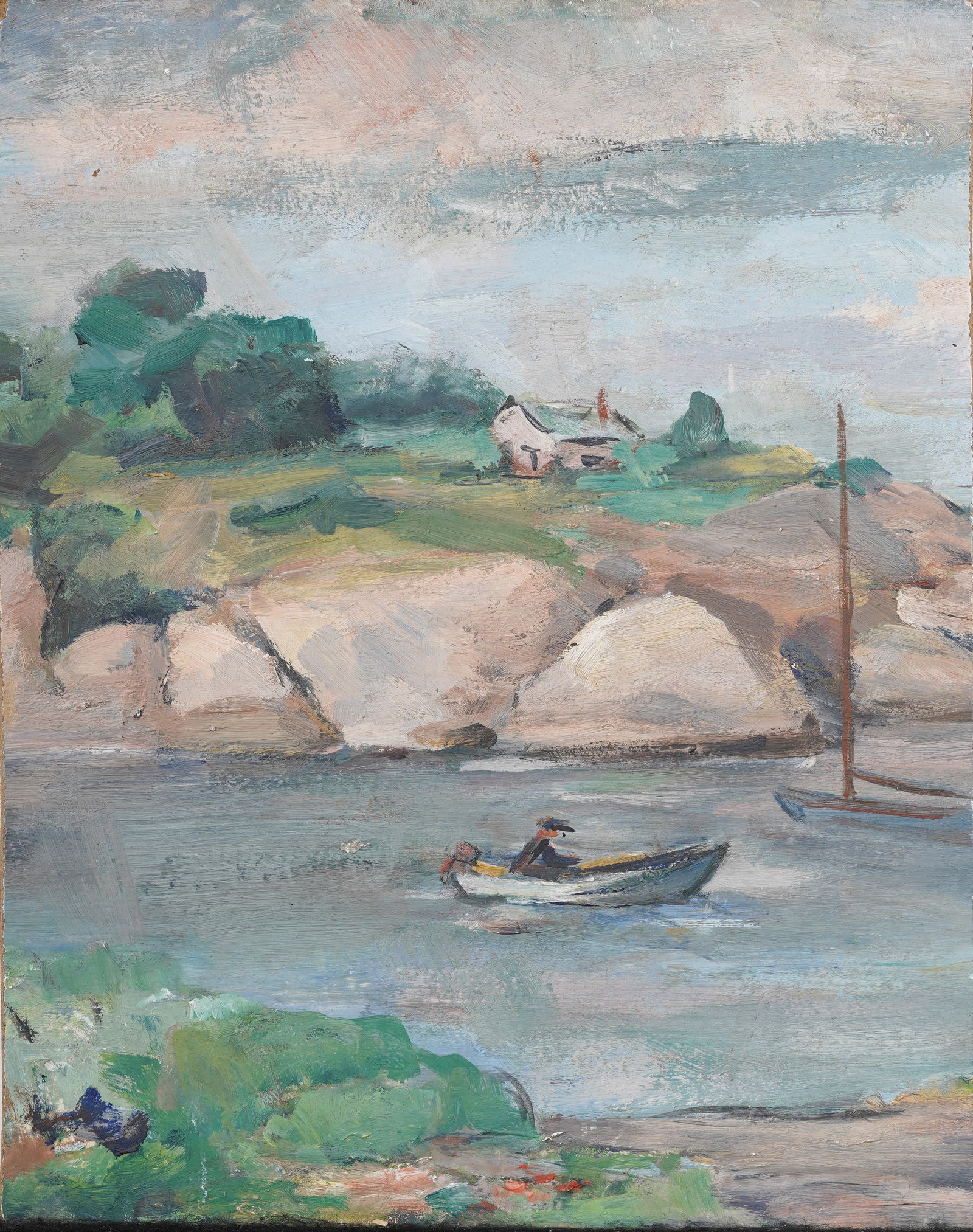 Vintage American School Fisherman River Boat Landscape Original Oil Painting on Board (1 of 5)