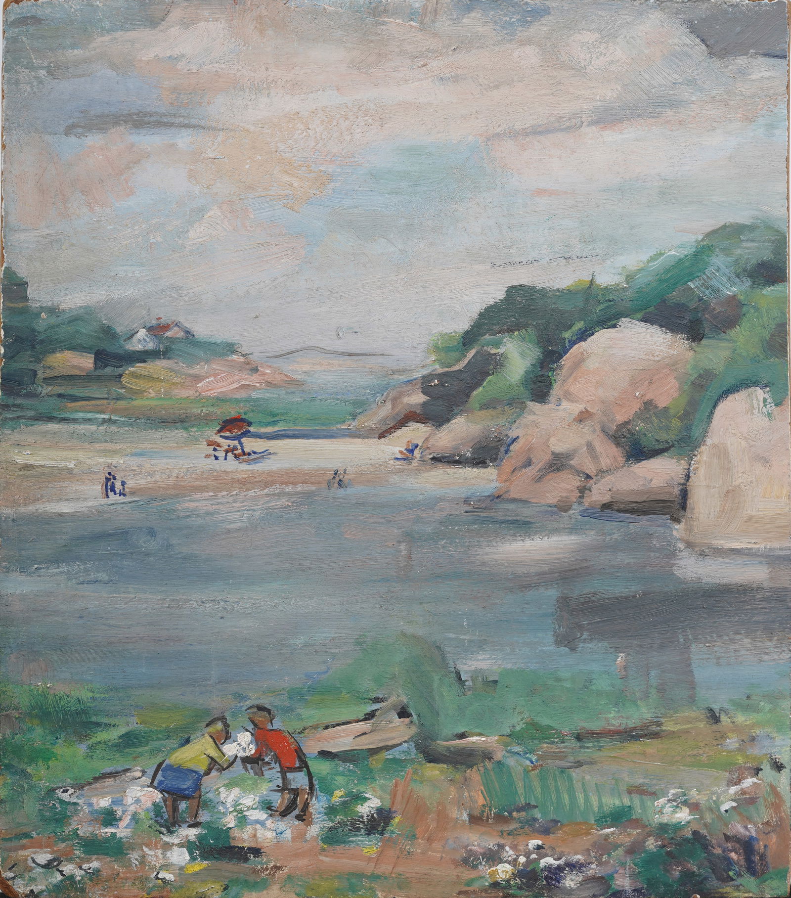 Vintage American School Lake Shore Beach Landscape Original Oil Painting on Board (1 of 5)