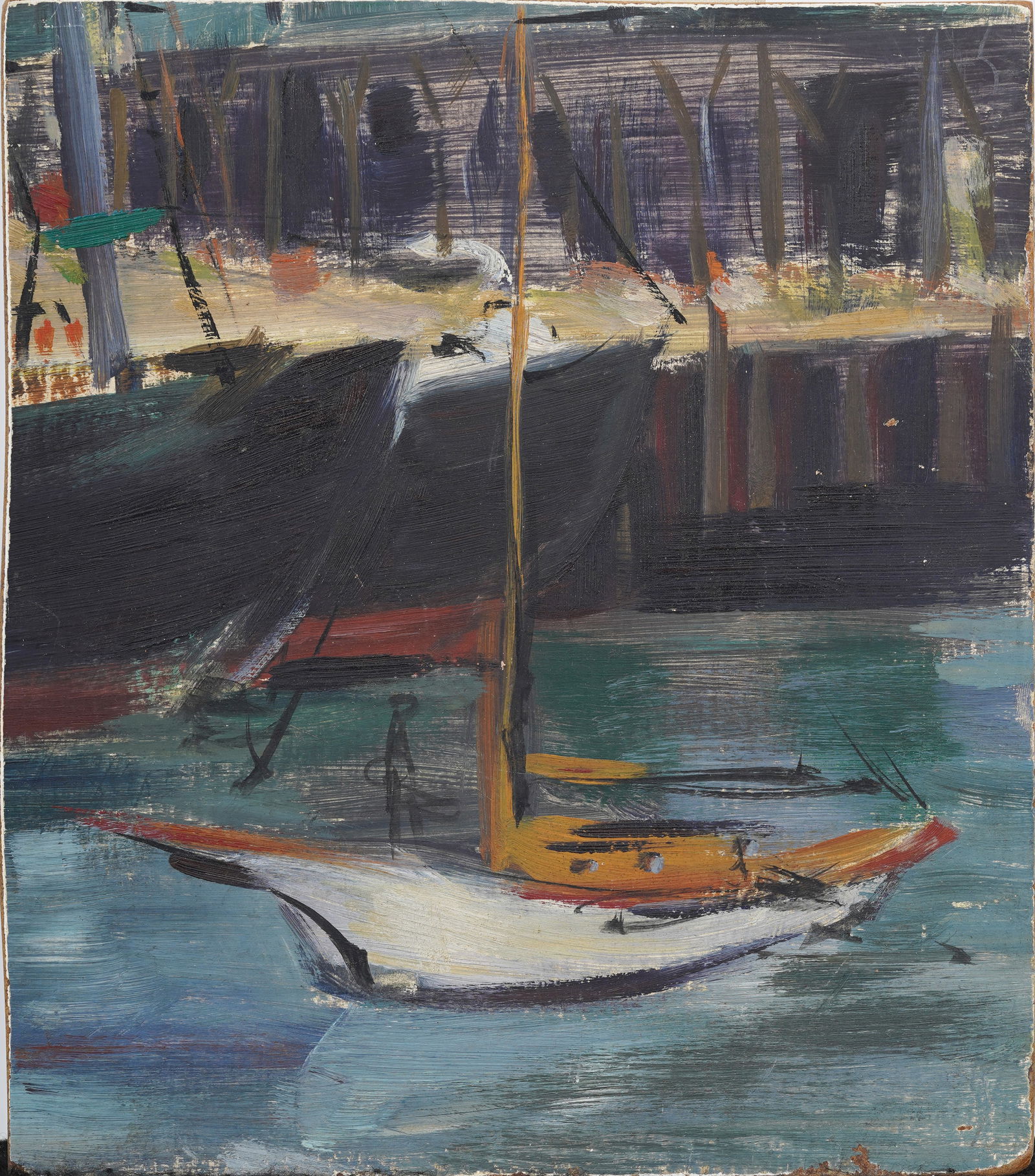 Vintage American School Harbor Boats Landscape Original Oil Painting on Board (1 of 5)