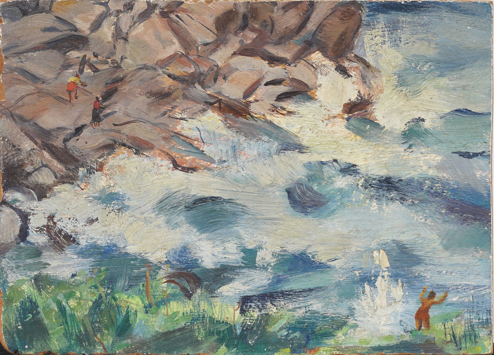 Vintage American Rock Fishing Seascape Original Oil Painting on Board: Grace Huntley Pugh (1912-2010) From her studio in Folly Cove, Rockport,MA. Vintage American oil painting. Inscribed verso. Measuring: 8 by 11 inches overall. Please see all images for condition. Size