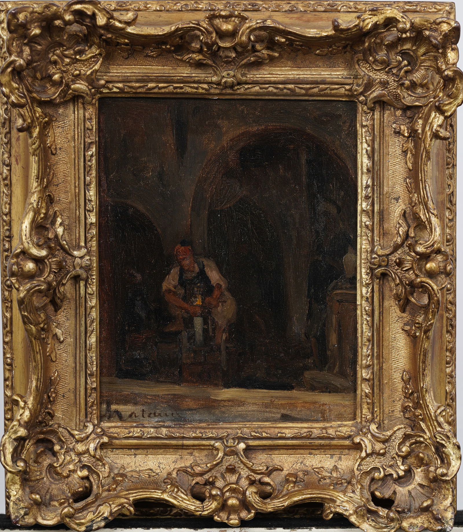 Signed Antique French Swordsmith Forge Workshop Original Framed Oil Painting in Period Gilt Frame: Antique French oil painting. Signed. Labeled verso. Framed. Measuring: 14 by 12 inches overall, and 9.24 by 7.75 painting alone. Please see all images for condition. Size is measured and written on th